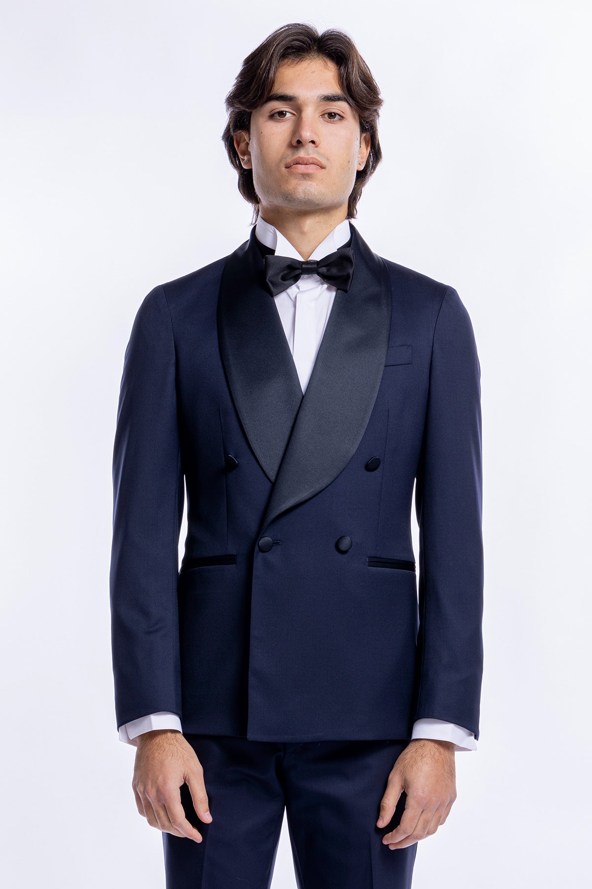 Giacca smoking Doppiopetto blu da uomo in fresco lana super 130's Vitale Barberis Canonico con rever a scialle largo in raso