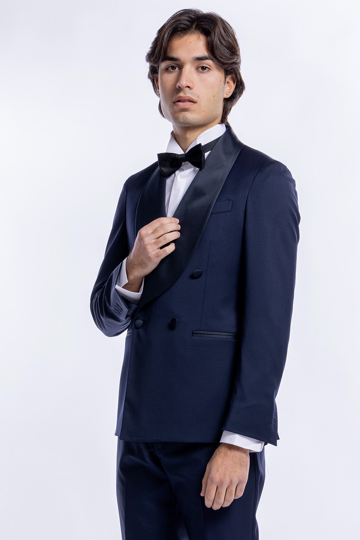 Abito smoking Doppiopetto blu da uomo in fresco lana super 130's Vitale Barberis Canonico con rever a scialle largo in raso
