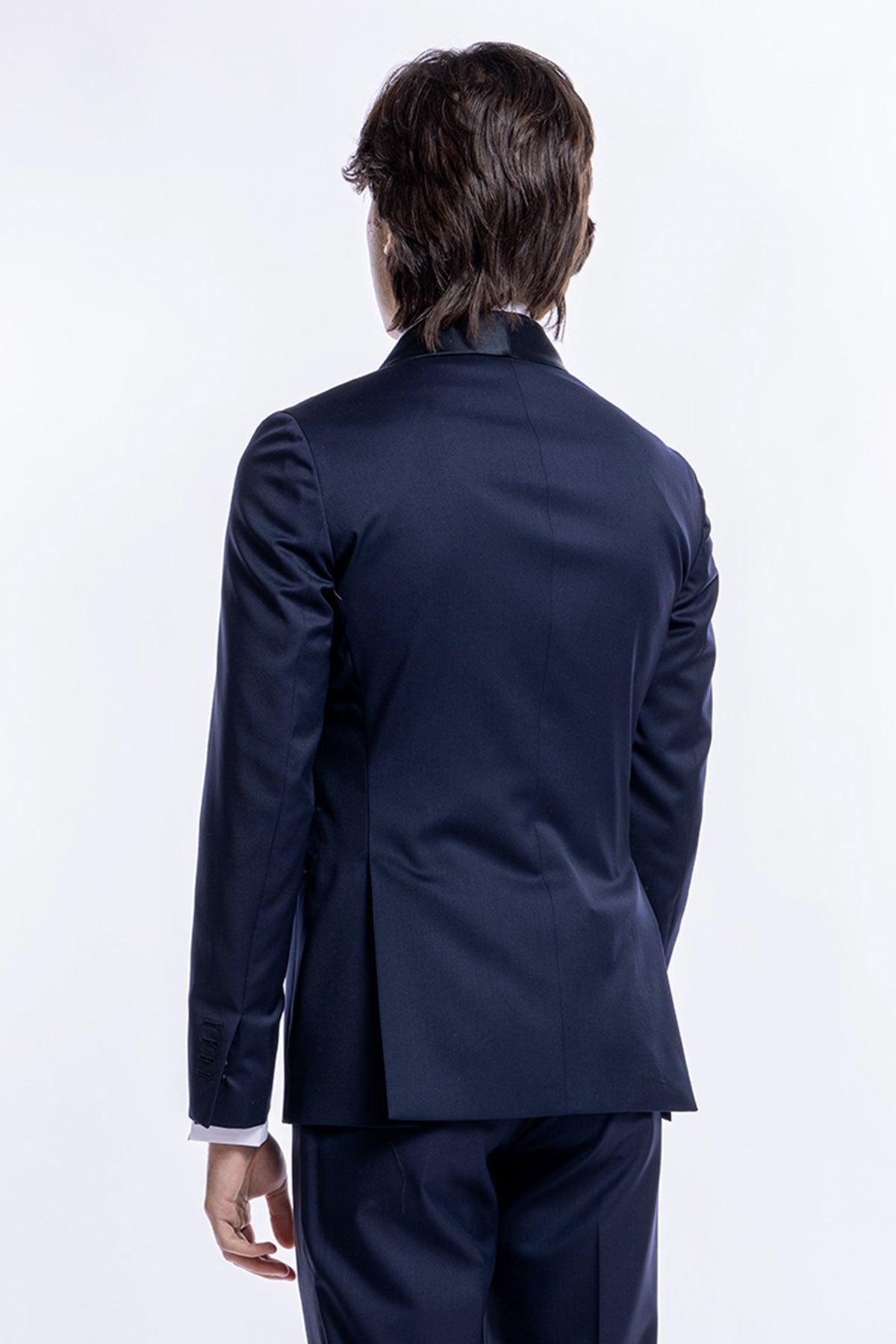 Abito smoking Doppiopetto blu da uomo in fresco lana super 130's Vitale Barberis Canonico con rever a scialle largo in raso