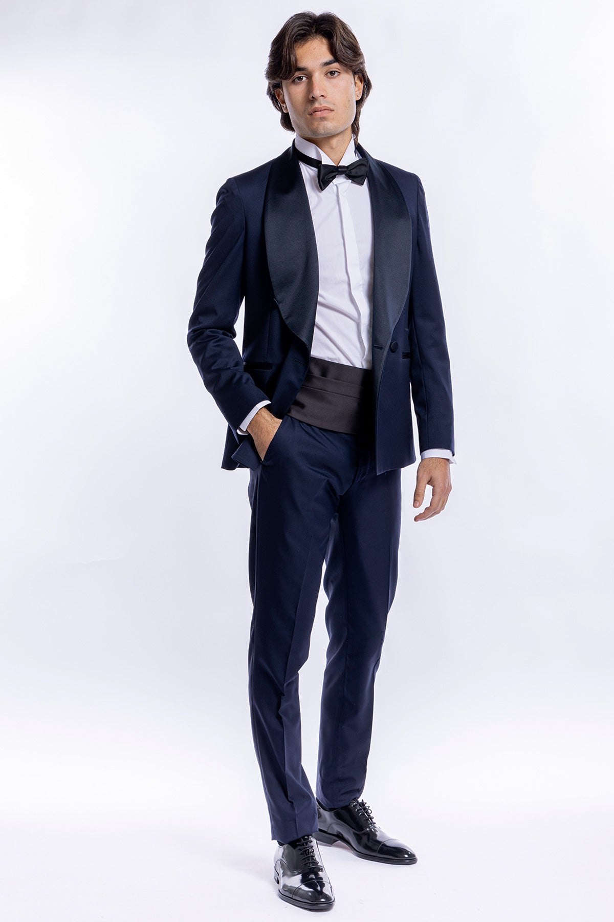 Abito smoking Doppiopetto blu da uomo in fresco lana super 130's Vitale Barberis Canonico con rever a scialle largo in raso