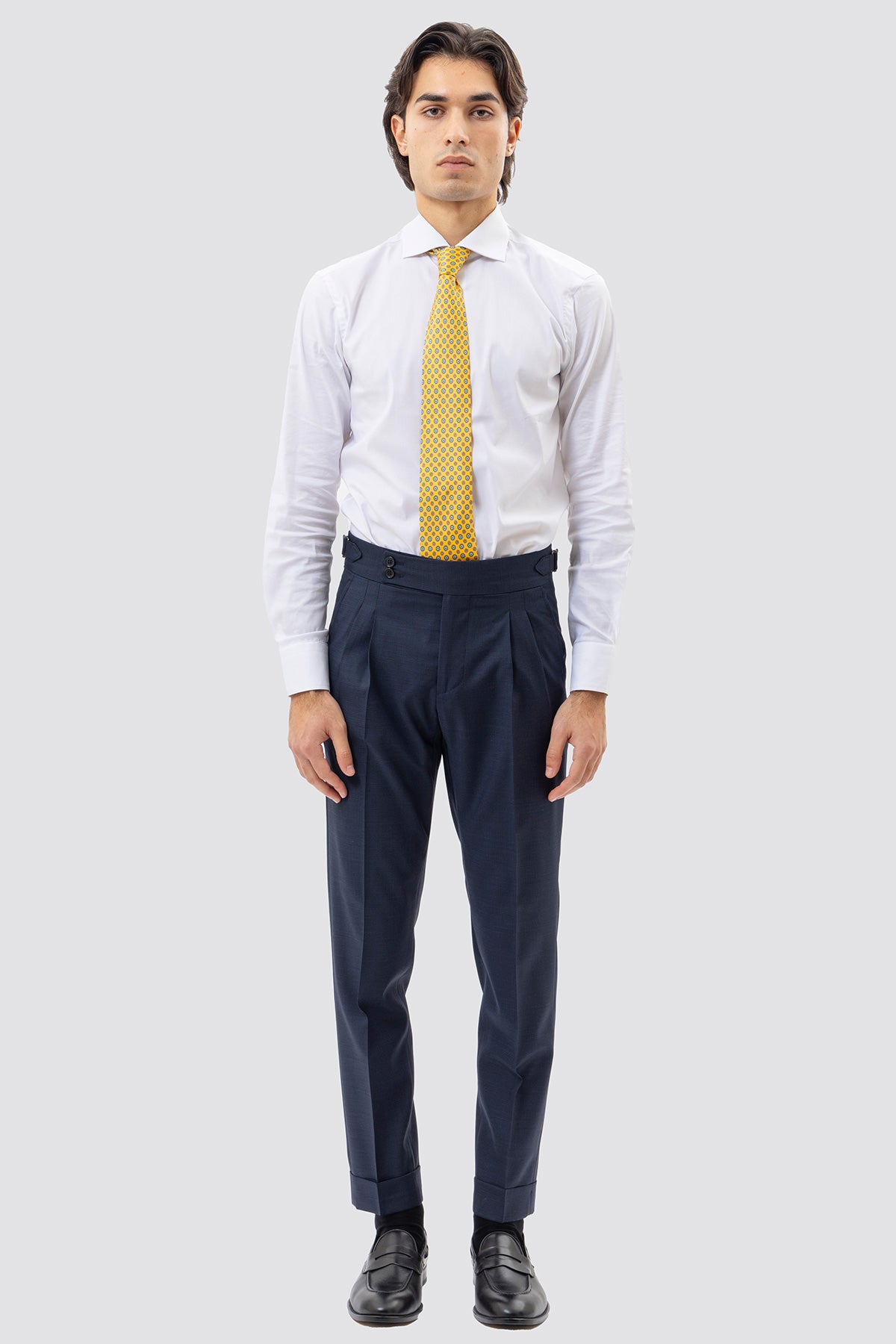 Abito uomo doppiopetto blu pied de poule in fresco lana super 120's Holland & Sherry rever a lancia larga