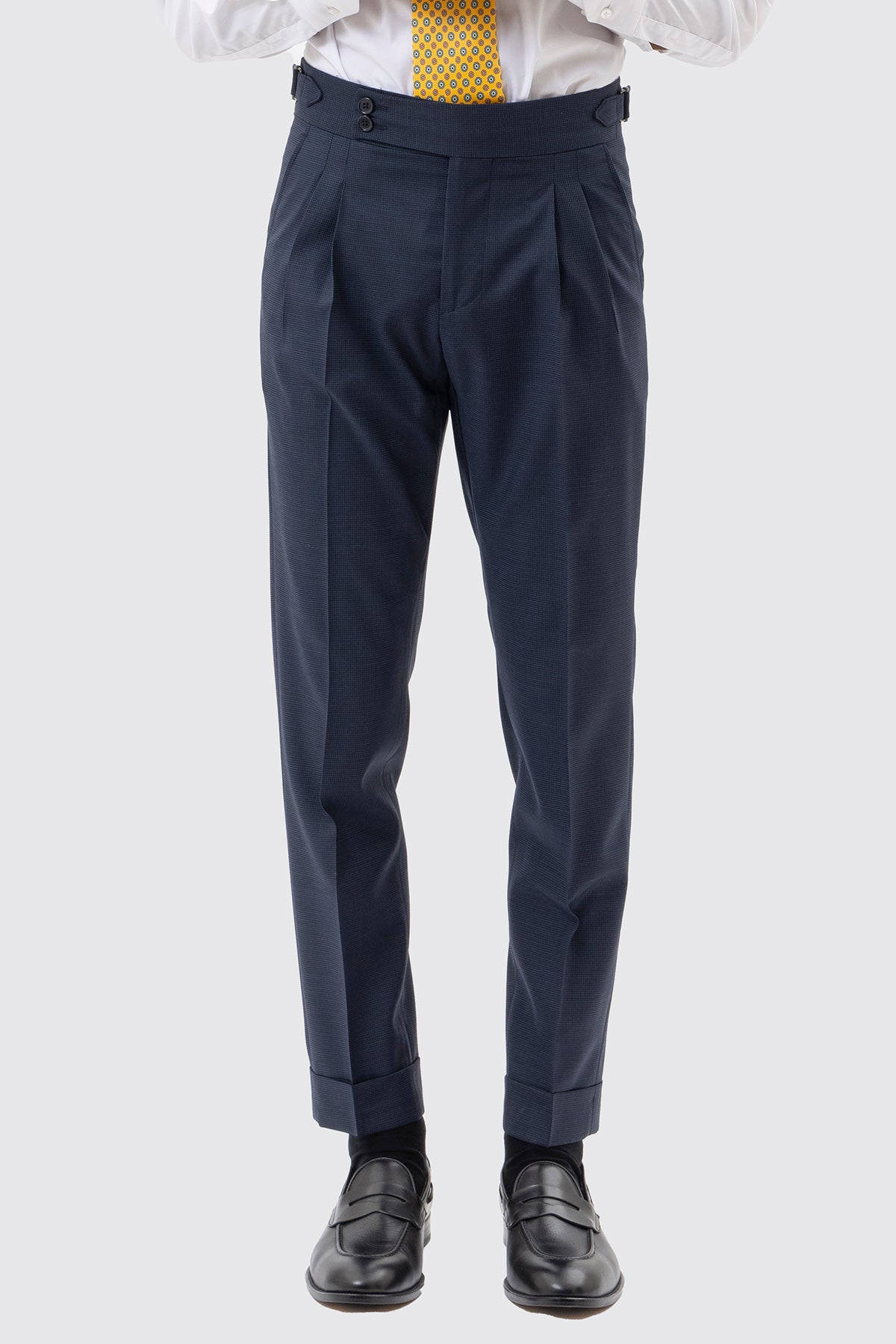 Abito uomo doppiopetto blu pied de poule in fresco lana super 120's Holland & Sherry rever a lancia larga