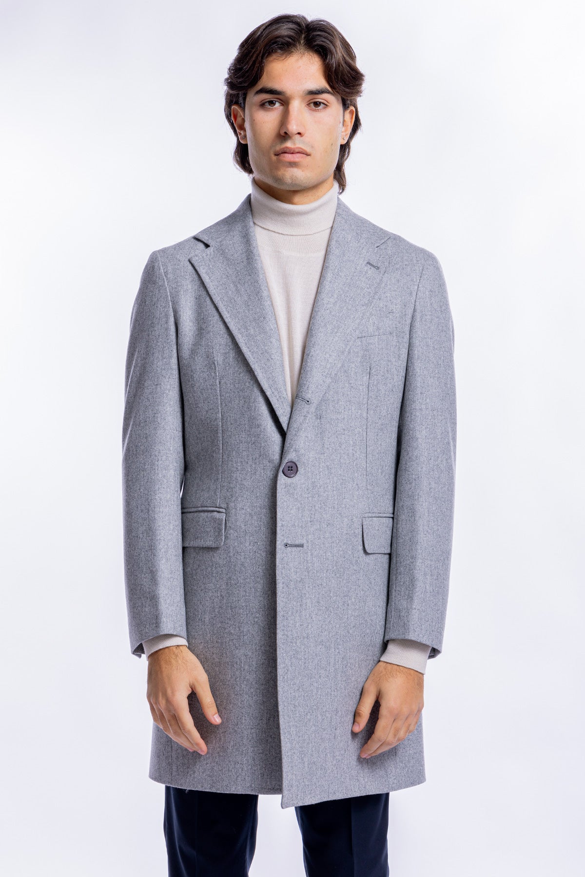 Cappotto uomo Monopetto grigio chiaro in pura lana al 100% Vitale Barberis Canonico rever largo 11cm con martingala sul retro