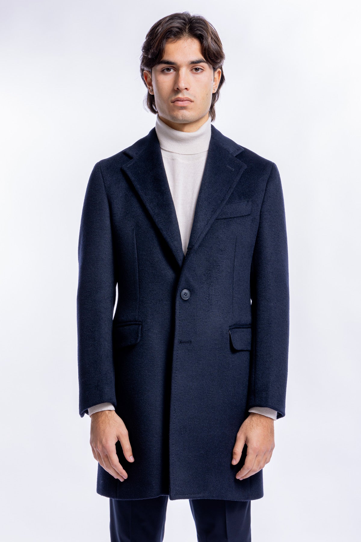 Cappotto uomo monopetto blu notte misto lana rever largo 11 cm