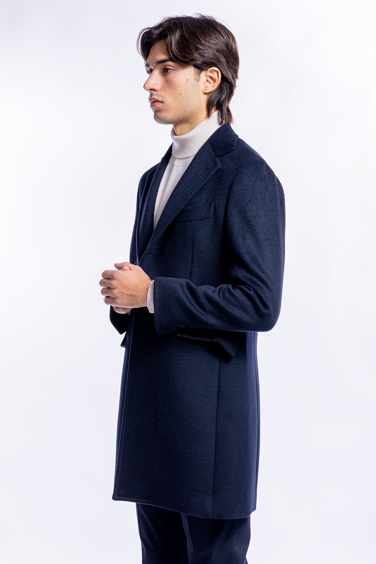 Cappotto uomo monopetto blu notte misto lana rever largo 11 cm