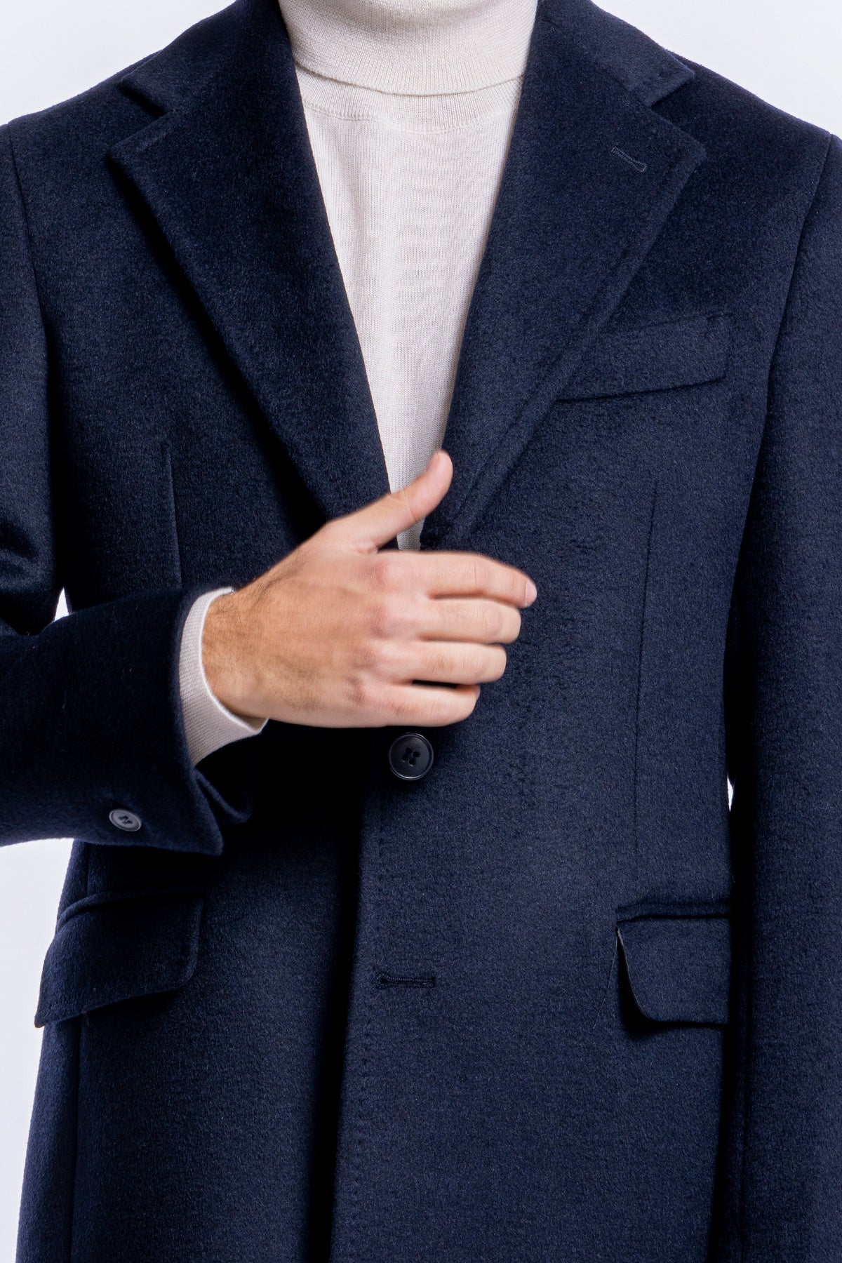 Cappotto uomo monopetto blu notte misto lana rever largo 11 cm