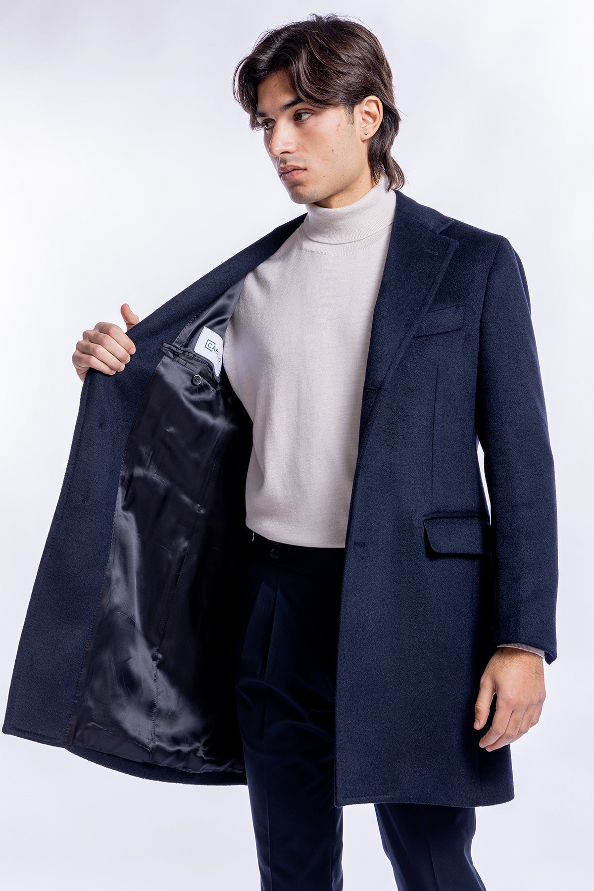 Cappotto uomo monopetto blu notte misto lana rever largo 11 cm