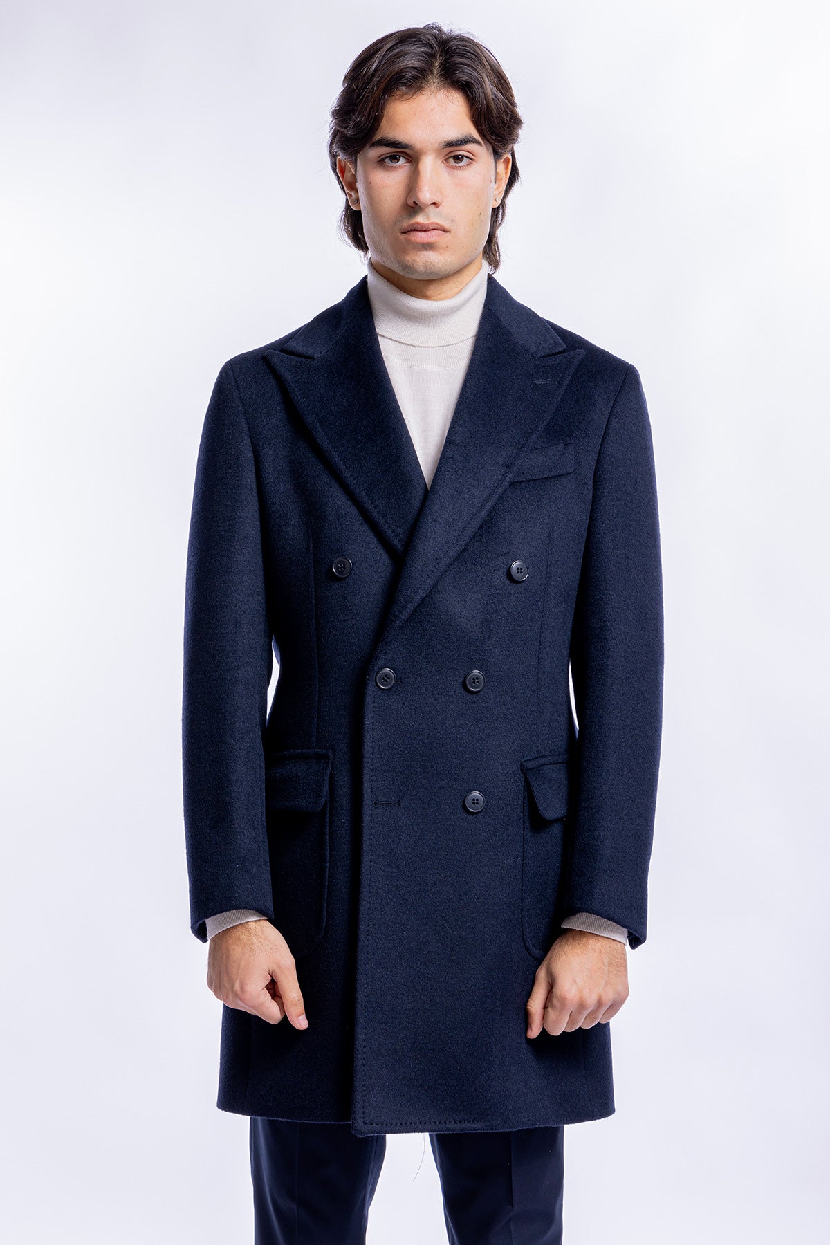 Cappotto uomo doppiopetto blu notte misto lana rever largo 13 cm con martingala sul retro
