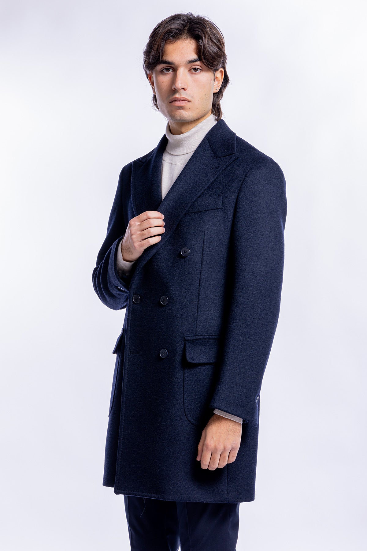 Cappotto uomo doppiopetto blu notte misto lana rever largo 13 cm con martingala sul retro