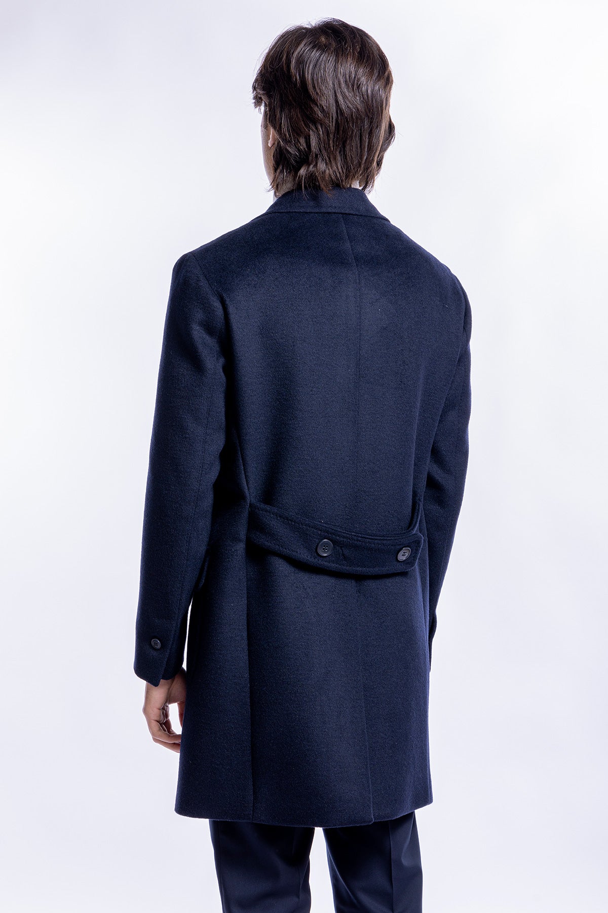 Cappotto uomo doppiopetto blu notte misto lana rever largo 13 cm con martingala sul retro