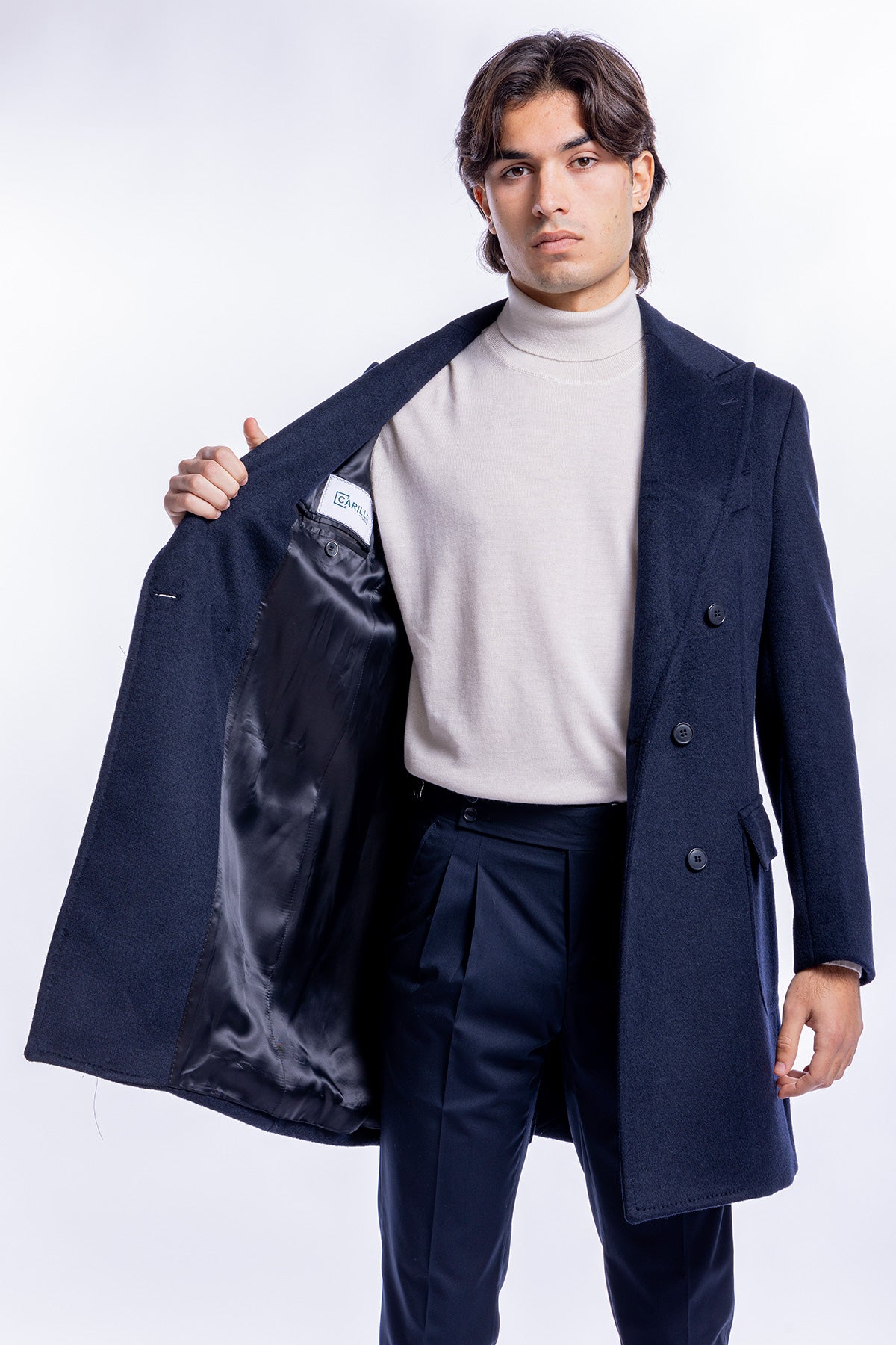 Cappotto uomo doppiopetto blu notte misto lana rever largo 13 cm con martingala sul retro