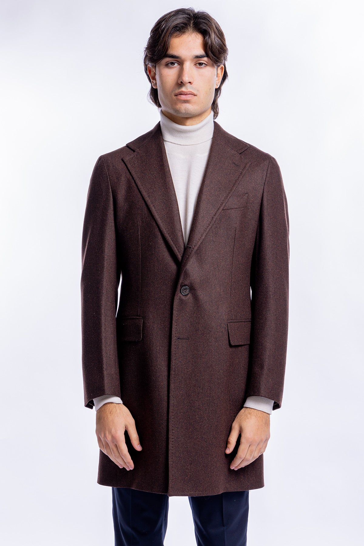 Cappotto uomo monopetto marrone in pura lana al 100% Vitale Barberis Canonico rever largo 11cm