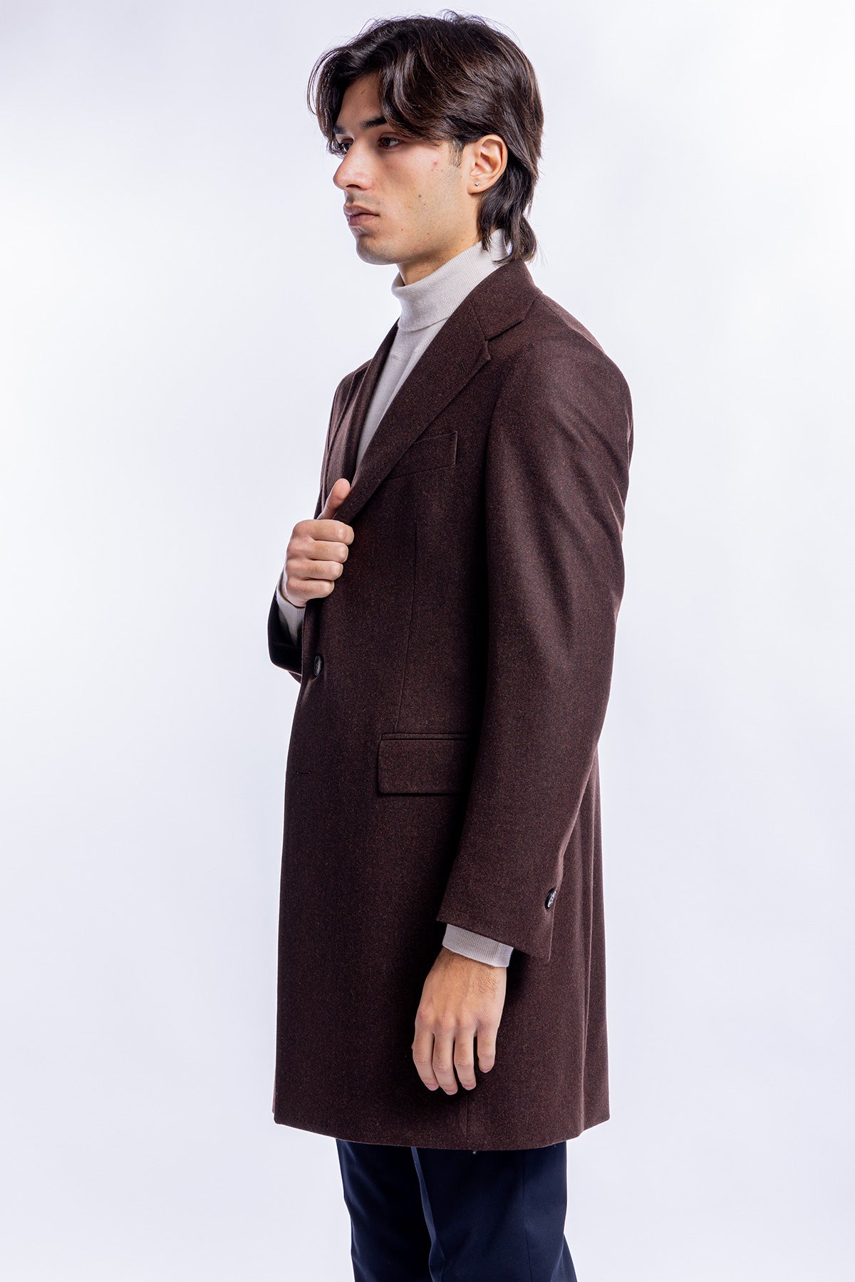 Cappotto uomo monopetto marrone in pura lana al 100% Vitale Barberis Canonico rever largo 11cm