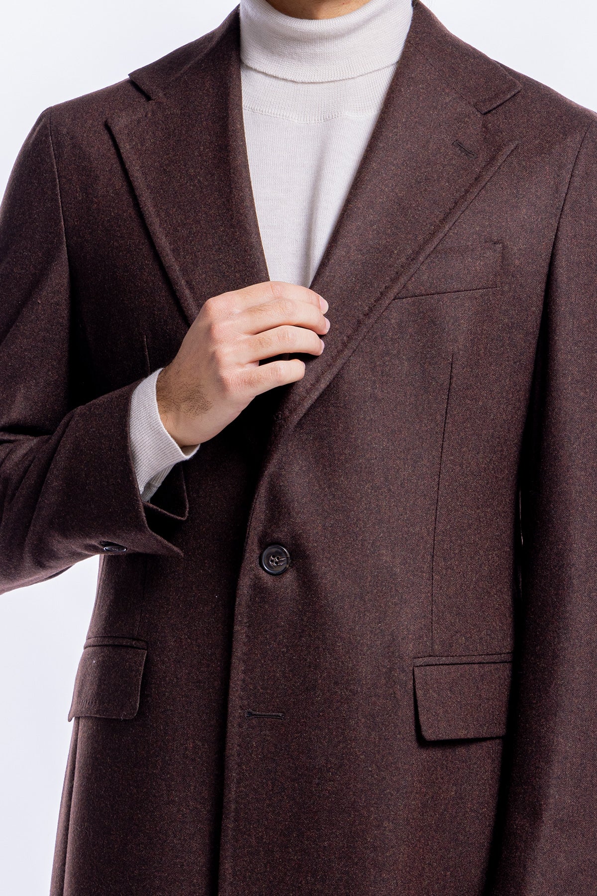 Cappotto uomo monopetto marrone in pura lana al 100% Vitale Barberis Canonico rever largo 11cm