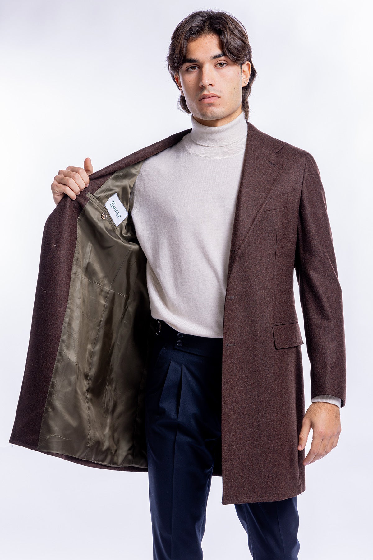 Cappotto uomo monopetto marrone in pura lana al 100% Vitale Barberis Canonico rever largo 11cm
