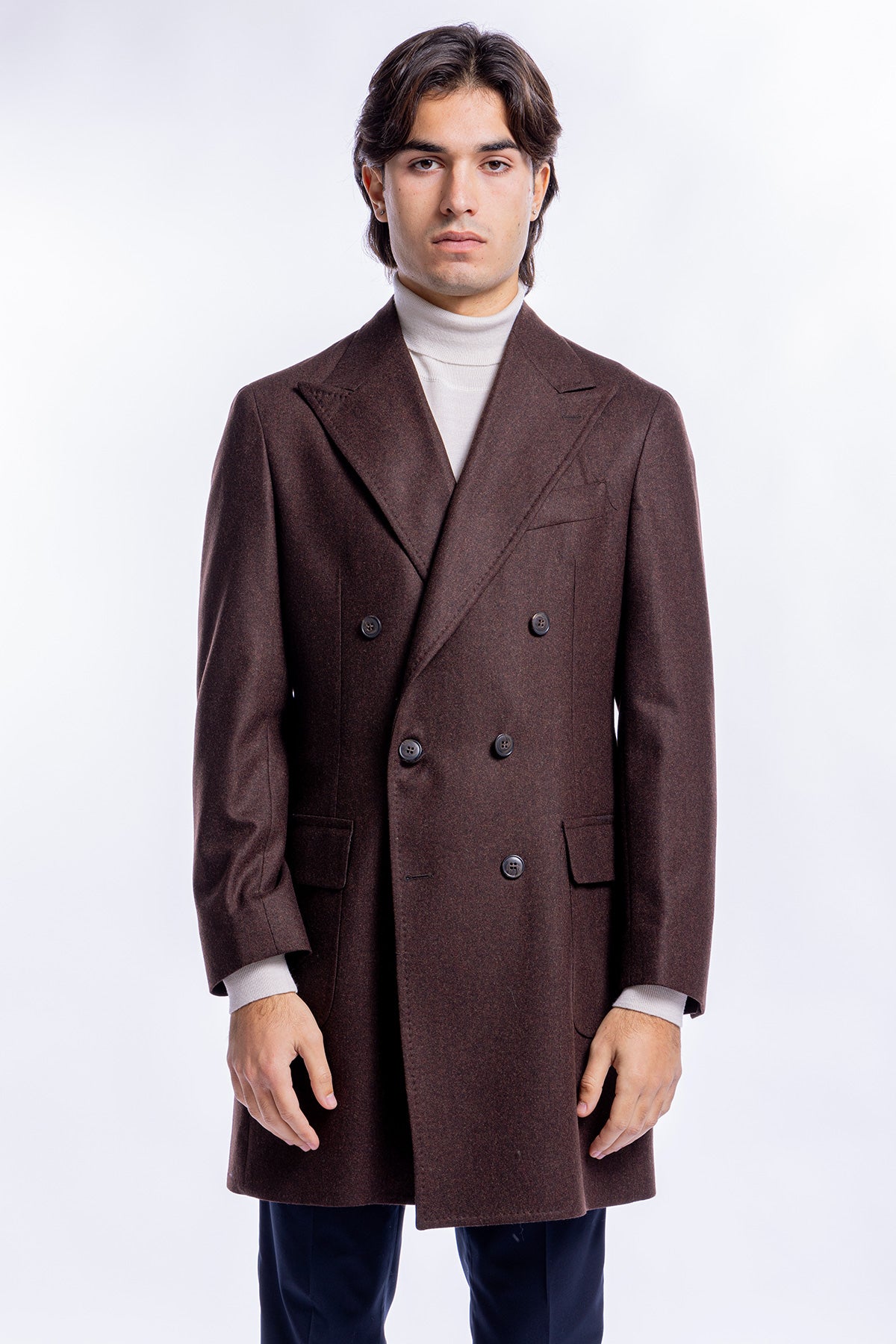 Cappotto uomo Doppiopetto marrone in pura lana al 100% Vitale Barberis Canonico rever largo 13cm