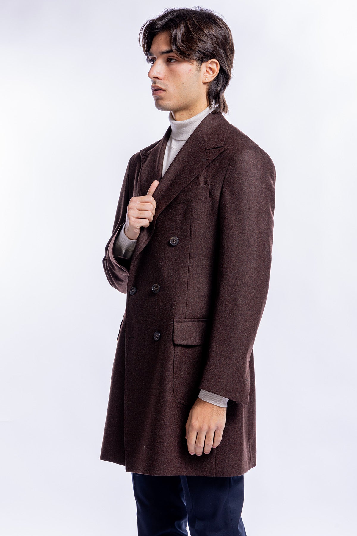 Cappotto uomo Doppiopetto marrone in pura lana al 100% Vitale Barberis Canonico rever largo 13cm