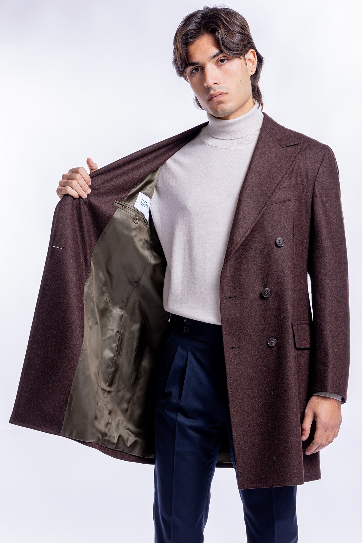 Cappotto uomo Doppiopetto marrone in pura lana al 100% Vitale Barberis Canonico rever largo 13cm