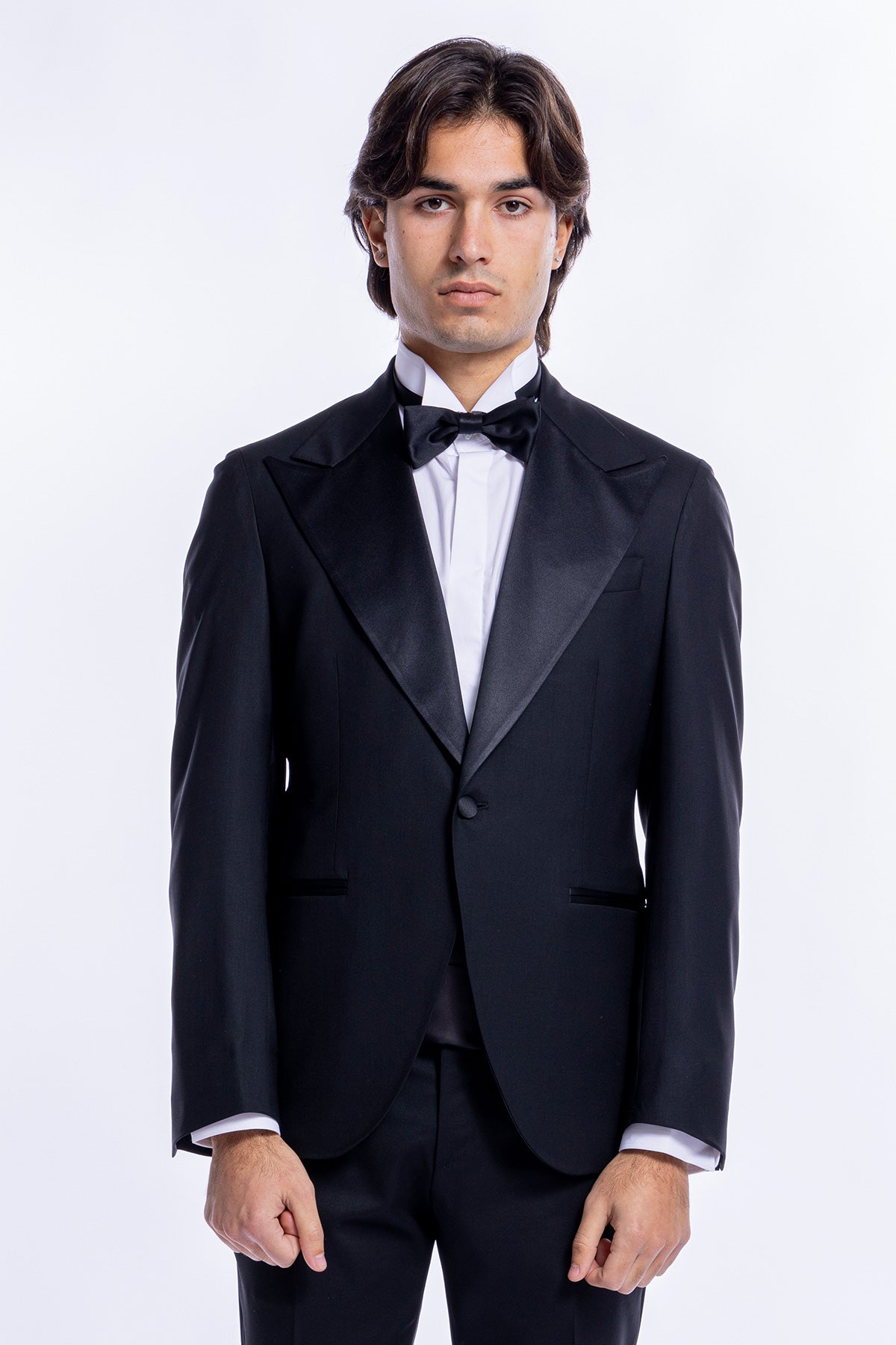 Giacca smoking monopetto nera da uomo in fresco lana super 160's Vitale Barberis Canonico con rever a Lancia largo in raso