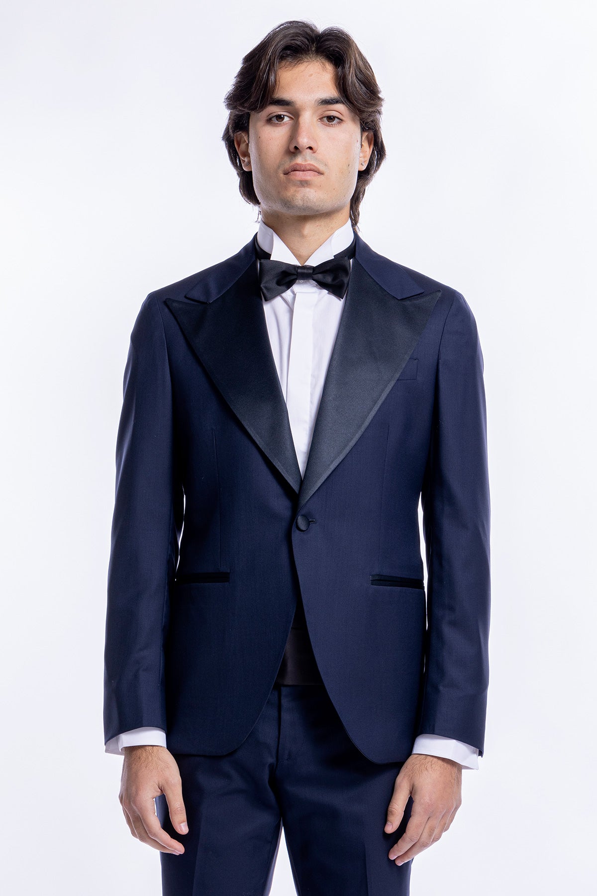 Giacca smoking monopetto blu notte da uomo in fresco lana super 160's Vitale Barberis Canonico con rever a Lancia largo in raso
