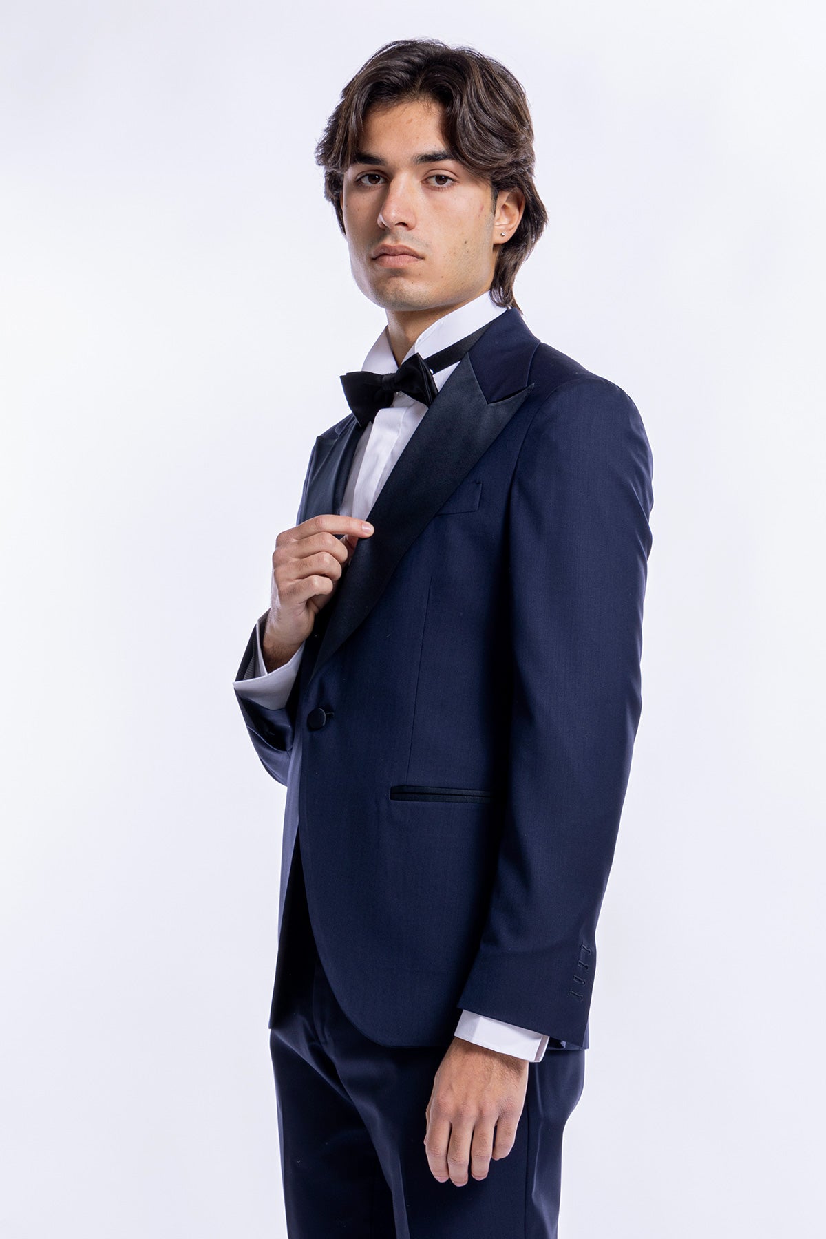 Giacca smoking monopetto blu notte da uomo in fresco lana super 160's Vitale Barberis Canonico con rever a Lancia largo in raso