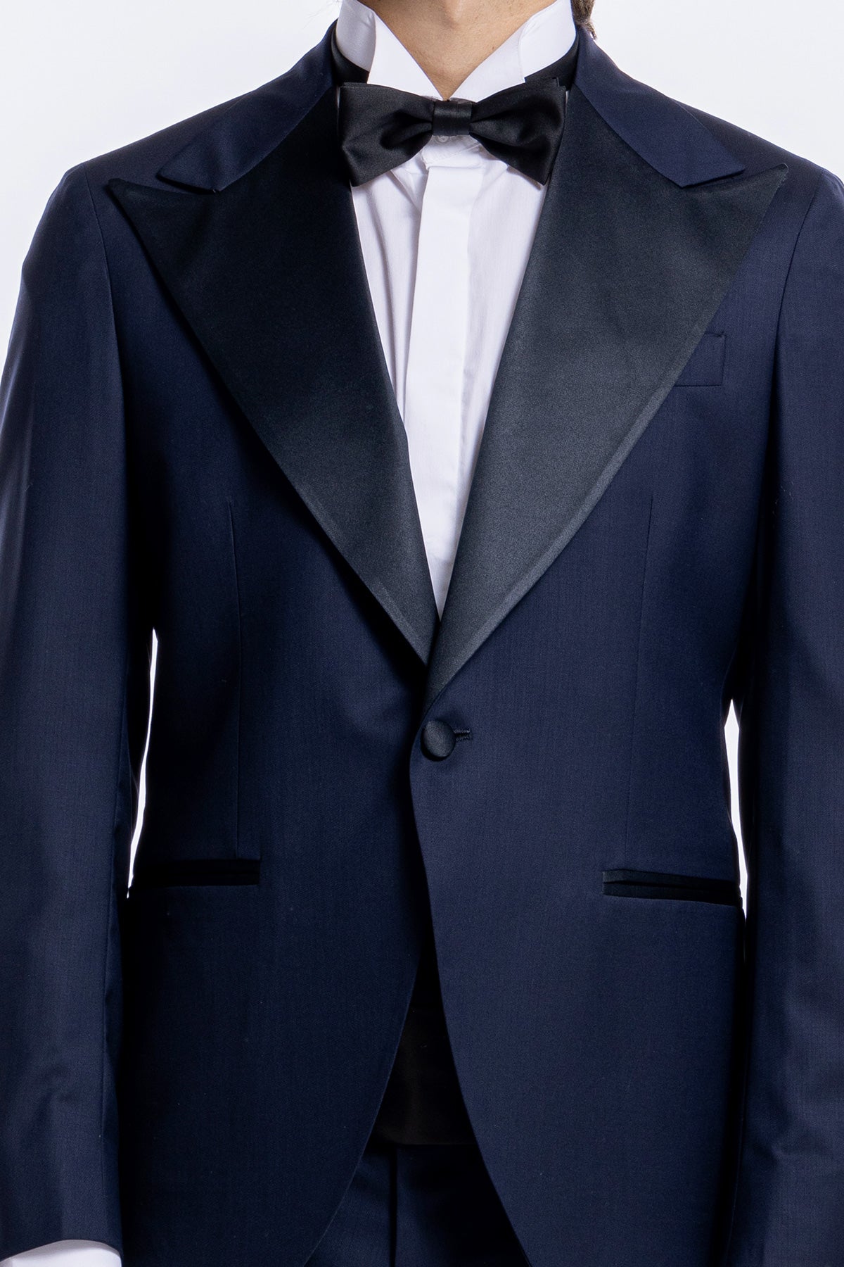Giacca smoking monopetto blu notte da uomo in fresco lana super 160's Vitale Barberis Canonico con rever a Lancia largo in raso