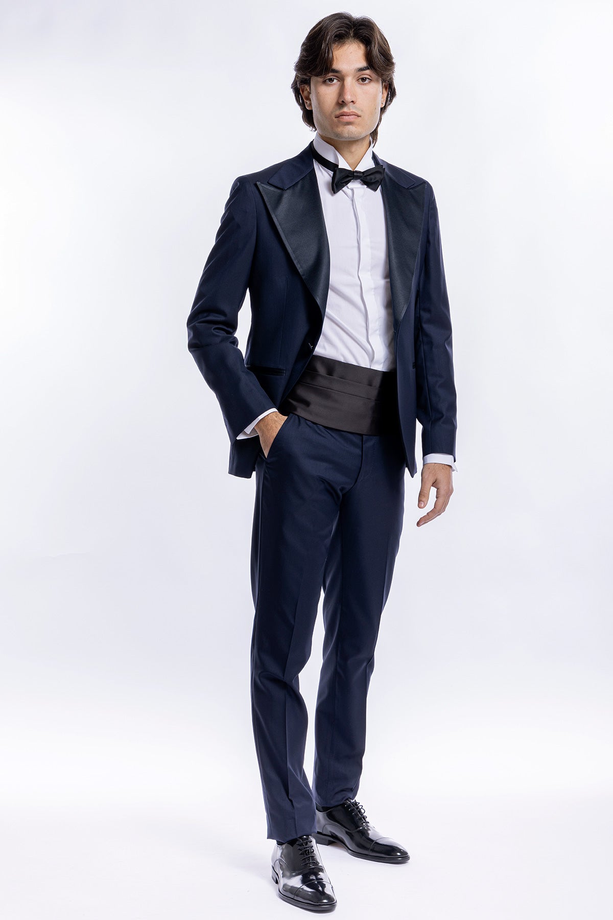 Giacca smoking monopetto blu notte da uomo in fresco lana super 160's Vitale Barberis Canonico con rever a Lancia largo in raso