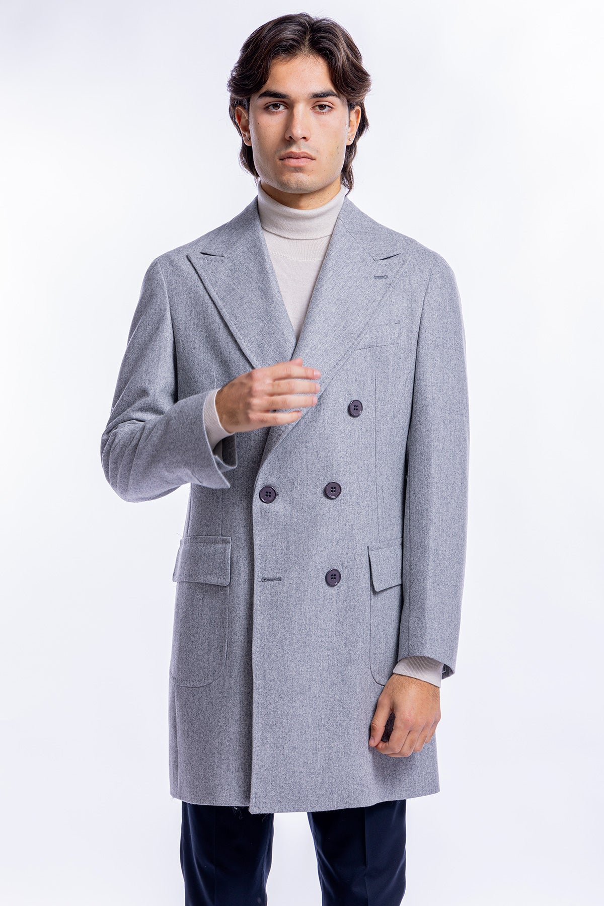 Cappotto uomo doppiopetto grigio chiaro in pura lana al 100% Vitale Barberis Canonico rever largo 13cm