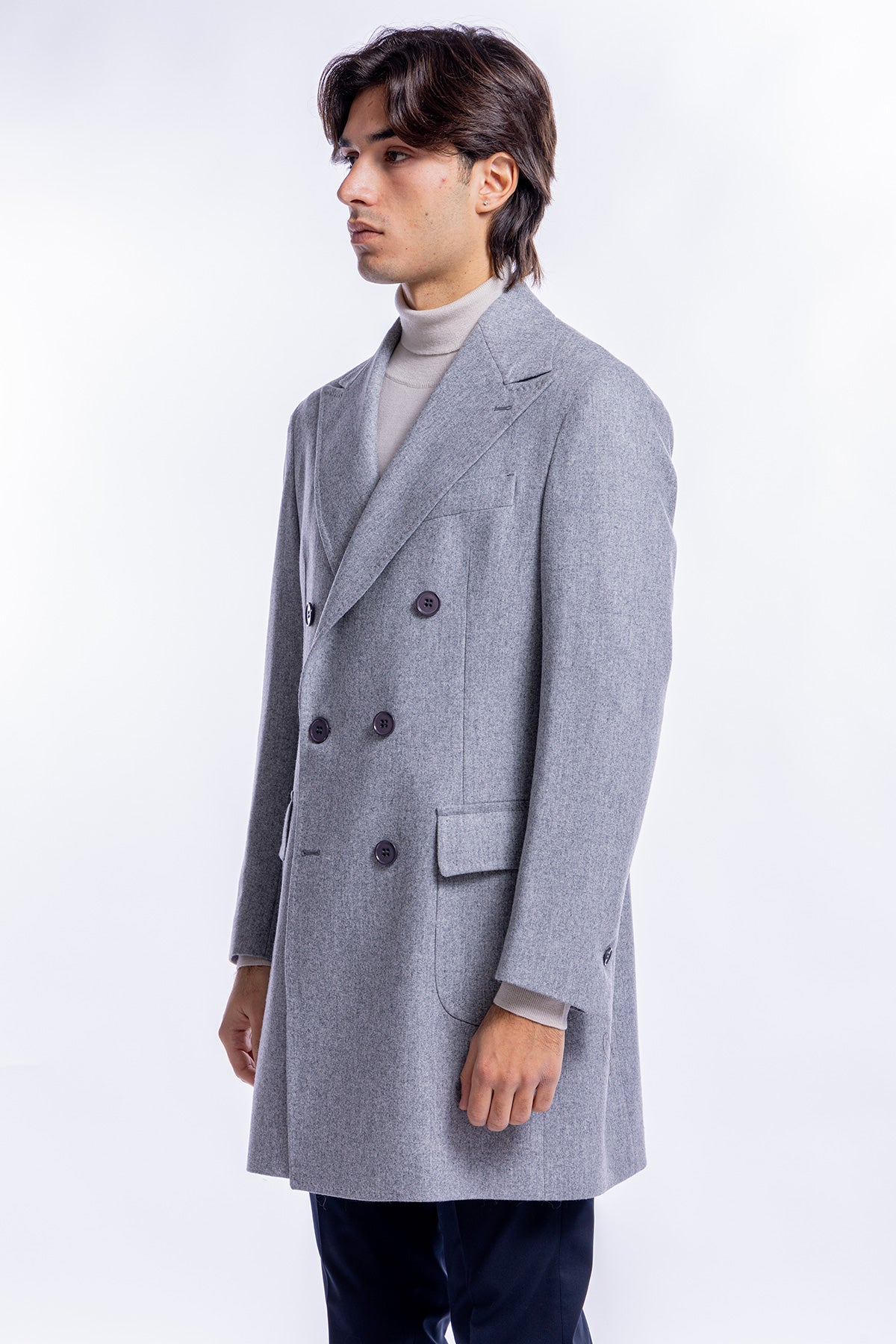 Cappotto uomo doppiopetto grigio chiaro in pura lana al 100% Vitale Barberis Canonico rever largo 13cm