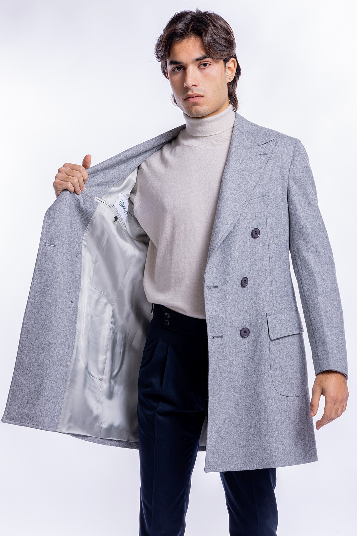 Cappotto uomo doppiopetto grigio chiaro in pura lana al 100% Vitale Barberis Canonico rever largo 13cm