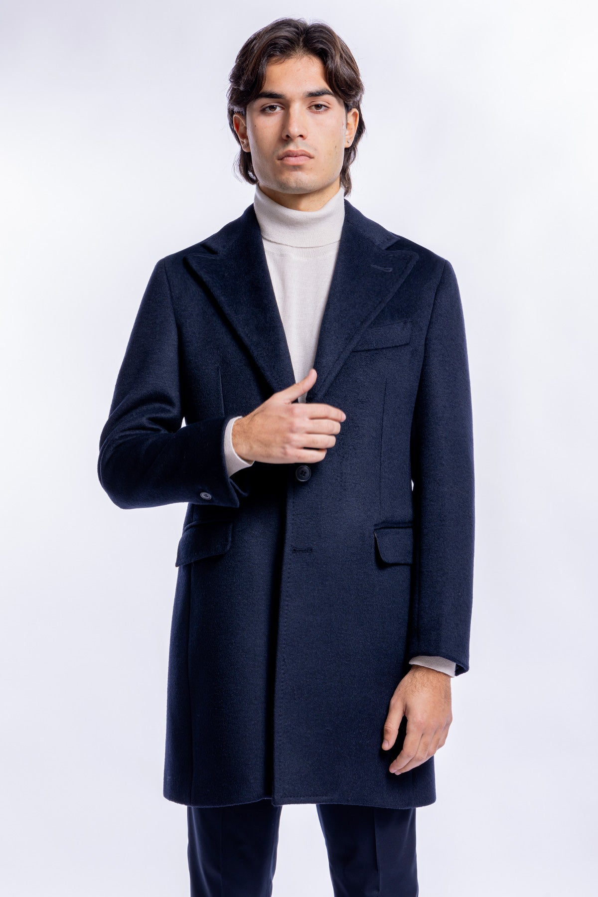 Cappotto uomo monopetto blu notte misto lana rever a lancia largo 13 cm