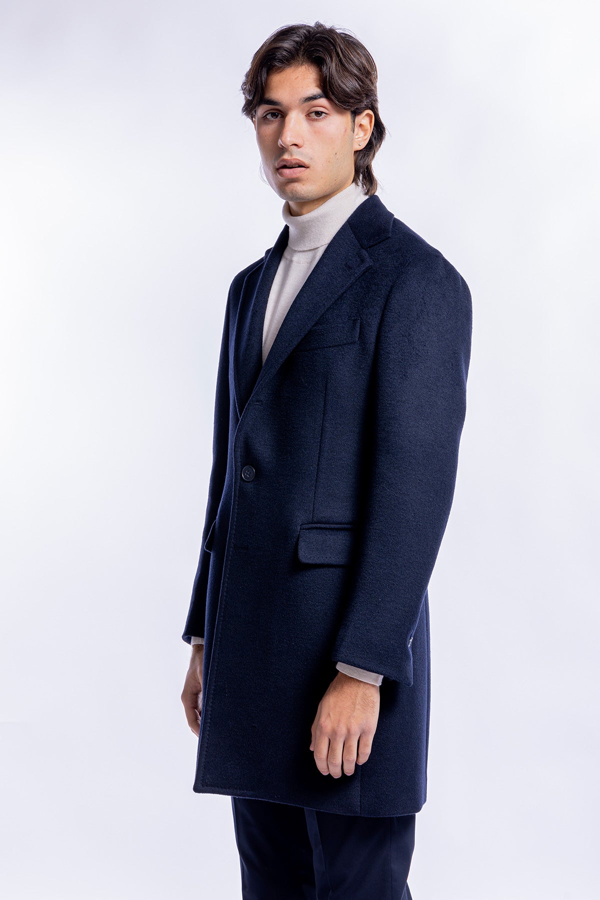 Cappotto uomo monopetto blu notte misto lana rever a lancia largo 13 cm
