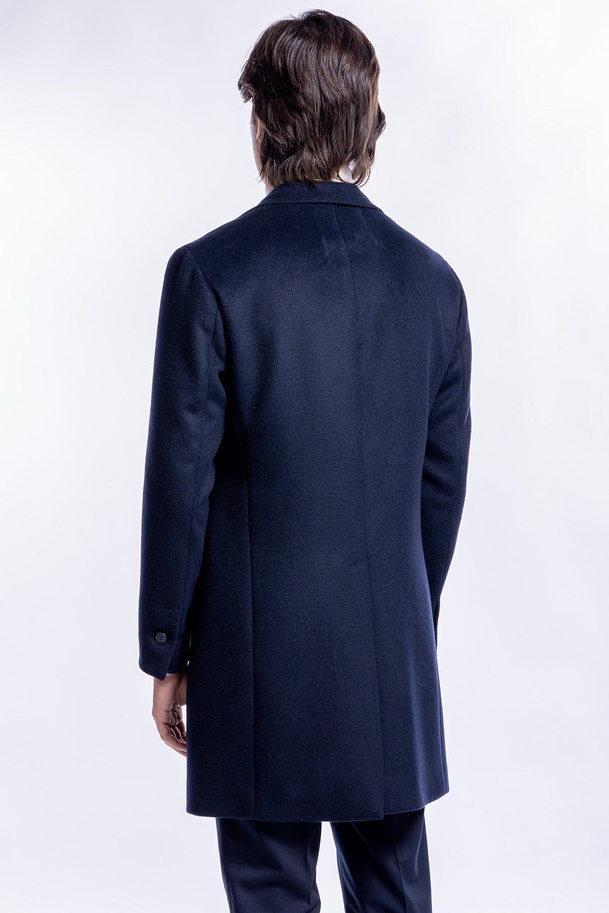 Cappotto uomo monopetto blu notte misto lana rever a lancia largo 13 cm