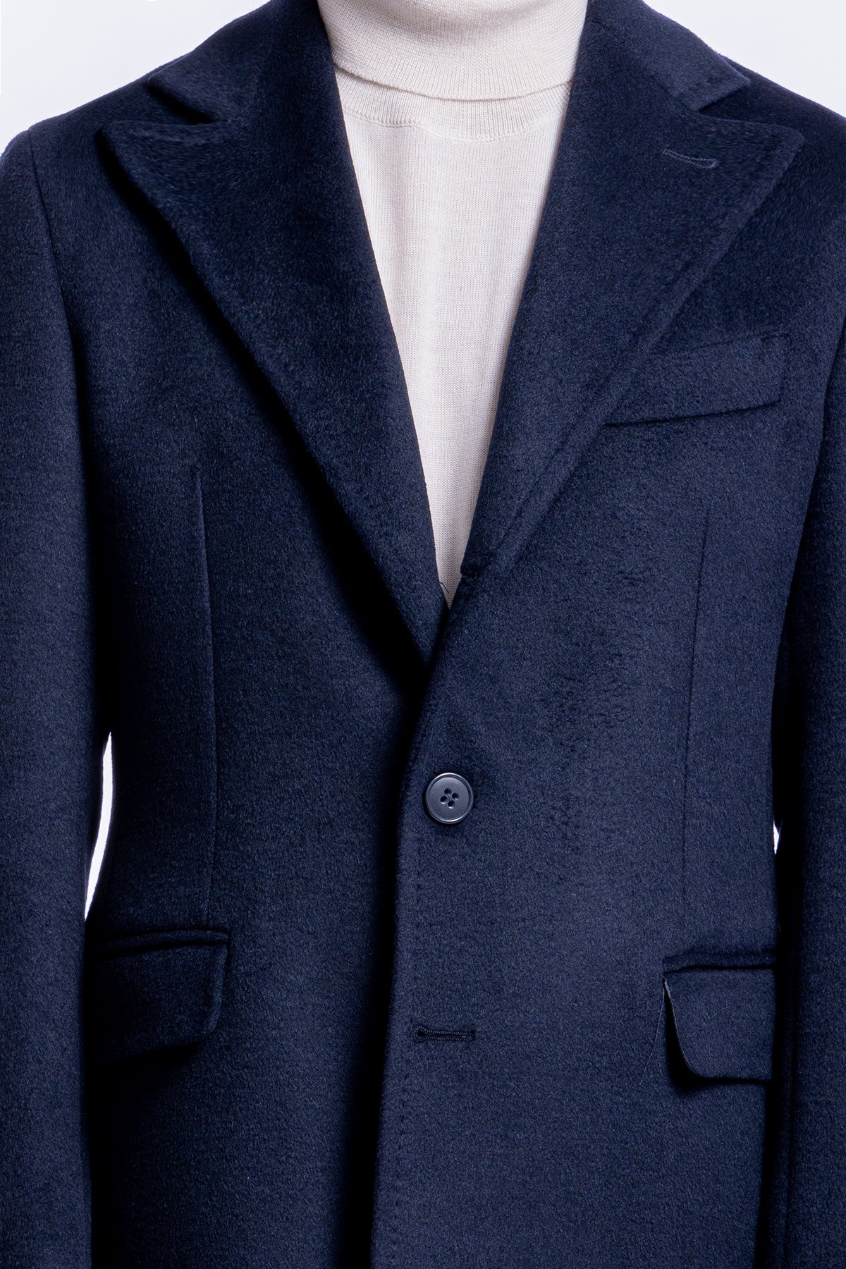 Cappotto uomo monopetto blu notte misto lana rever a lancia largo 13 cm