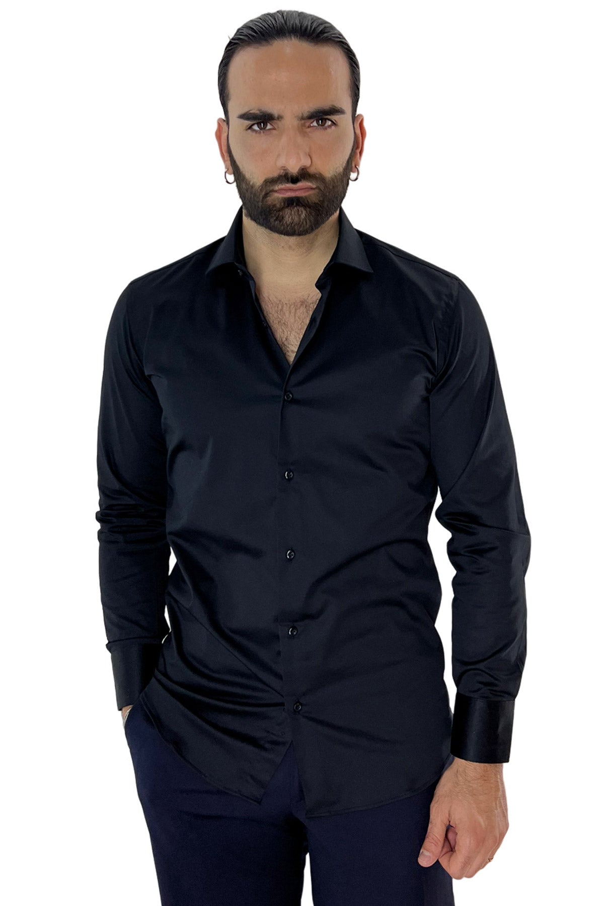 Camicia Uomo nera regular fit in cotone Elastico Collo semi francese tinta unita sartoriale
