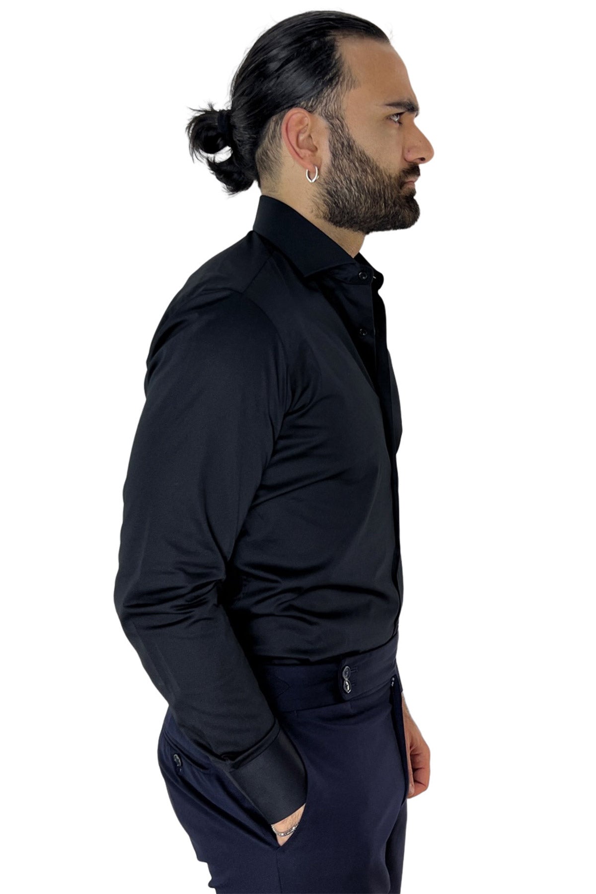 Camicia Uomo nera regular fit in cotone Elastico Collo semi francese tinta unita sartoriale