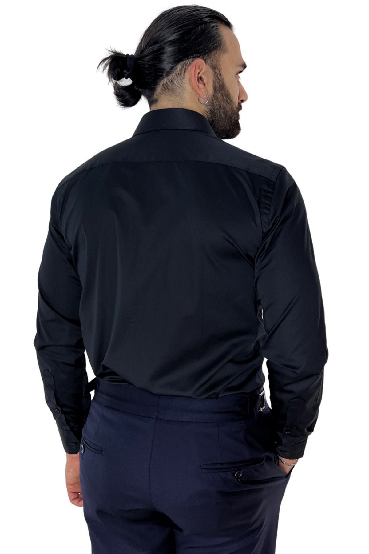Camicia Uomo nera regular fit in cotone Elastico Collo semi francese tinta unita sartoriale