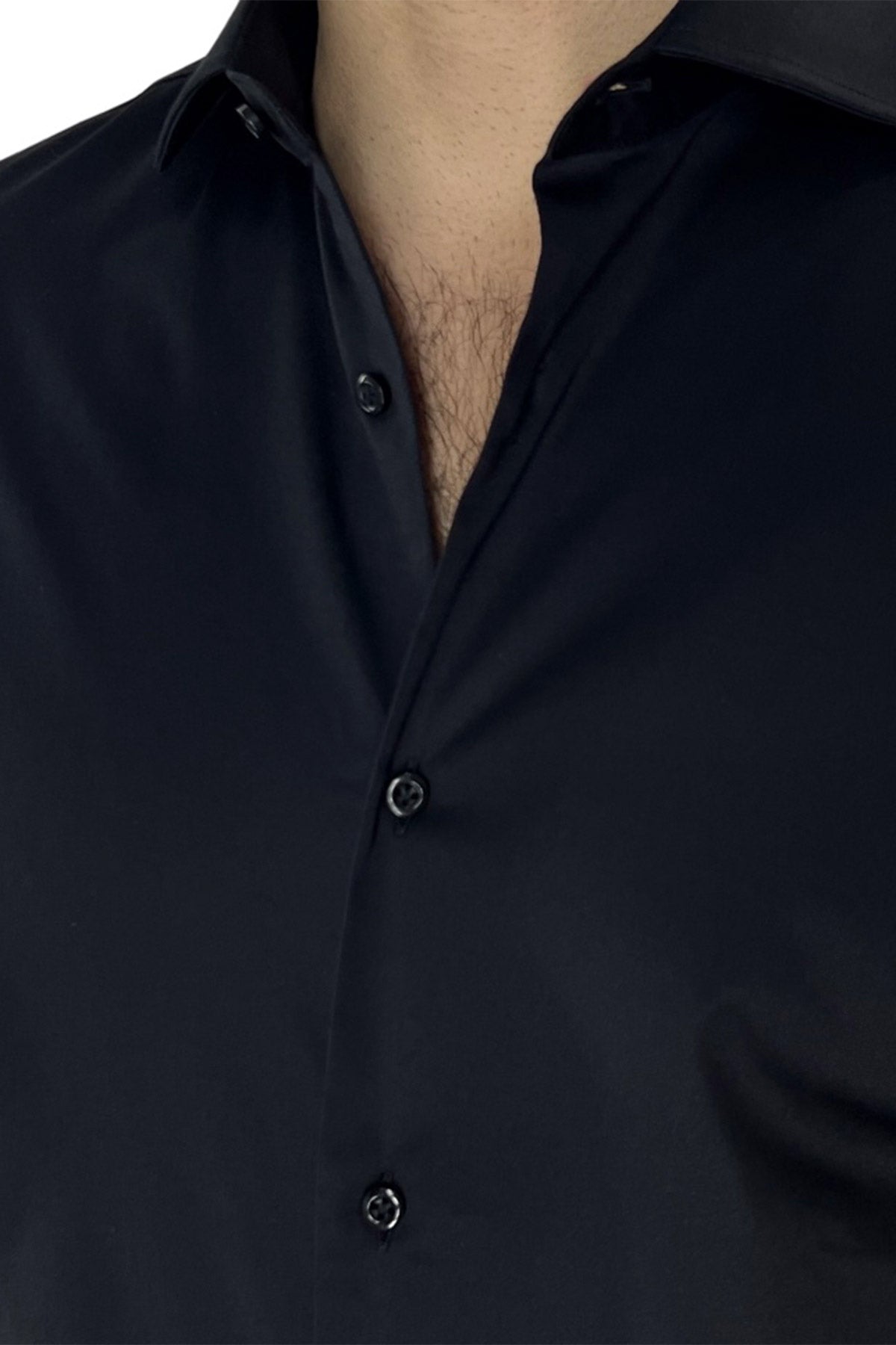 Camicia Uomo nera regular fit in cotone Elastico Collo semi francese tinta unita sartoriale