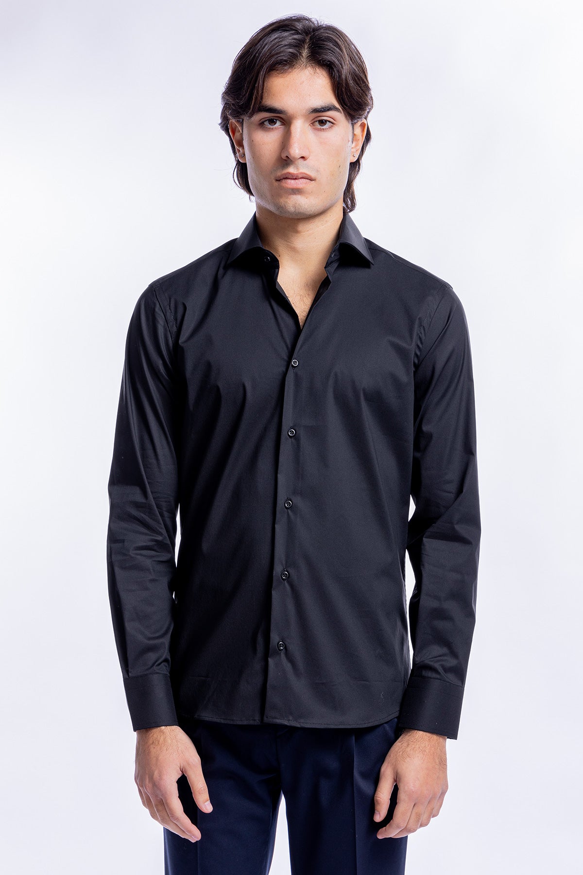 Camicia Uomo nera slim fit in cotone Elastico Collo semi francese tinta unita sartoriale