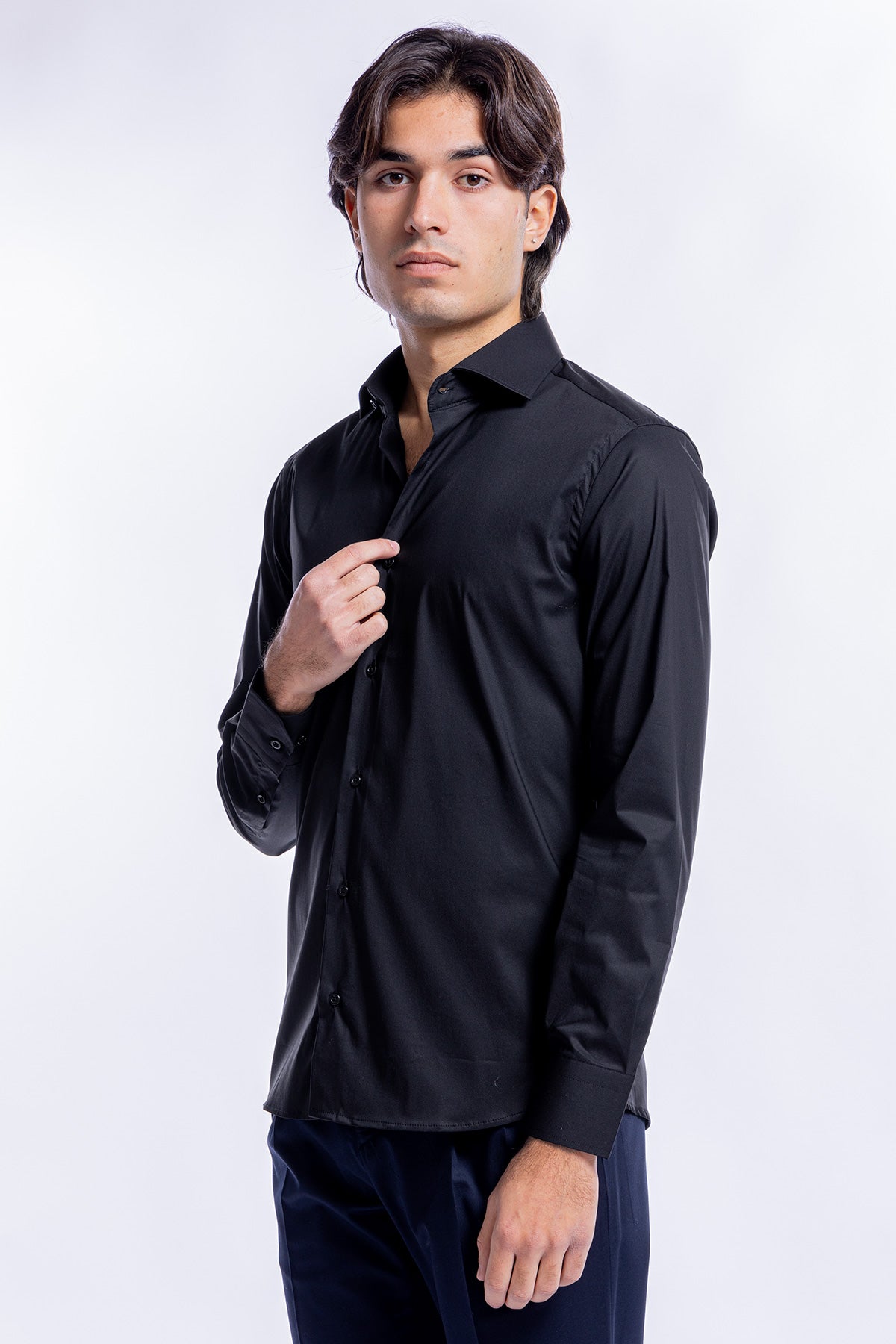 Camicia Uomo nera slim fit in cotone Elastico Collo semi francese tinta unita sartoriale