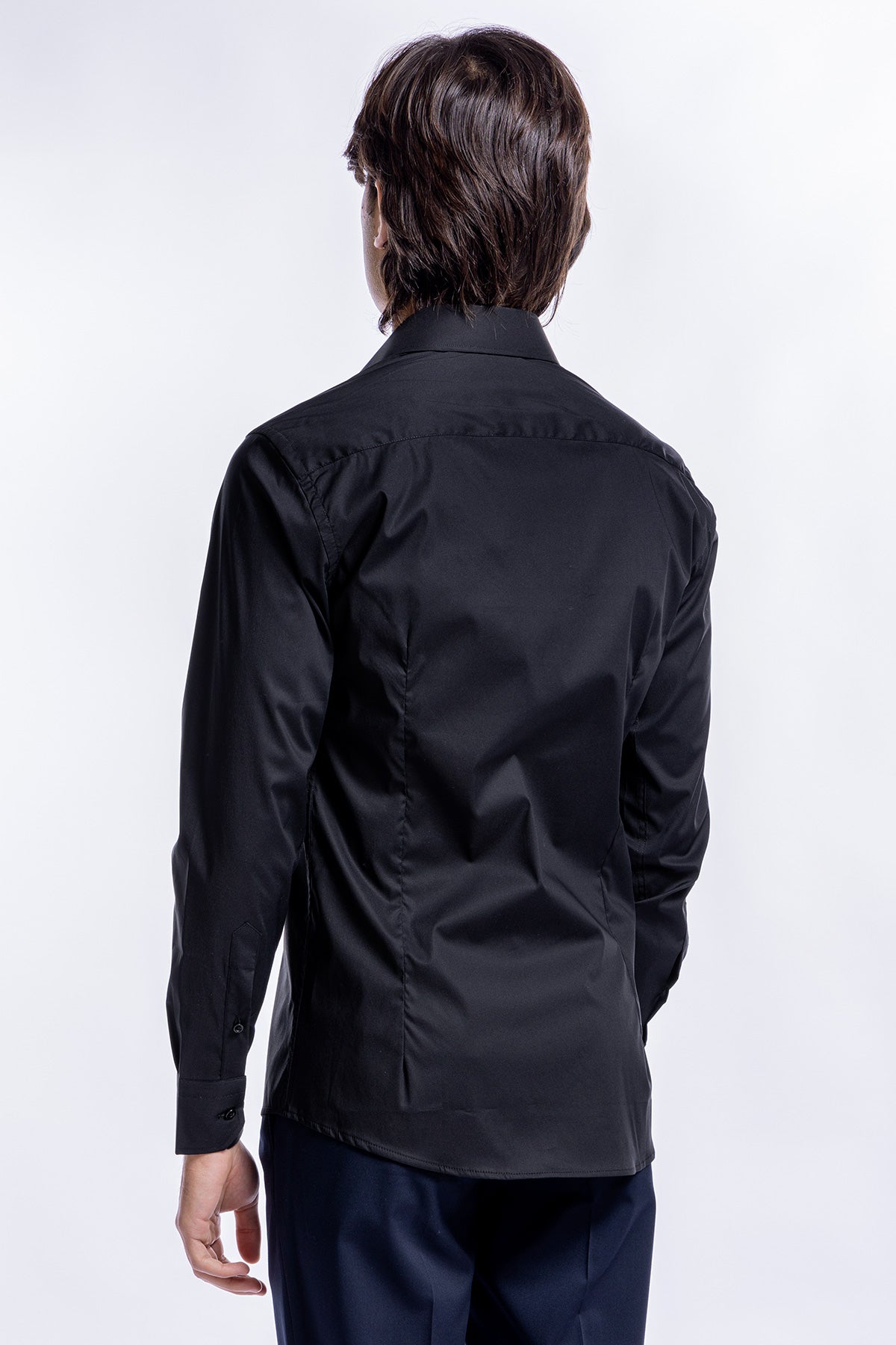 Camicia Uomo nera slim fit in cotone Elastico Collo semi francese tinta unita sartoriale
