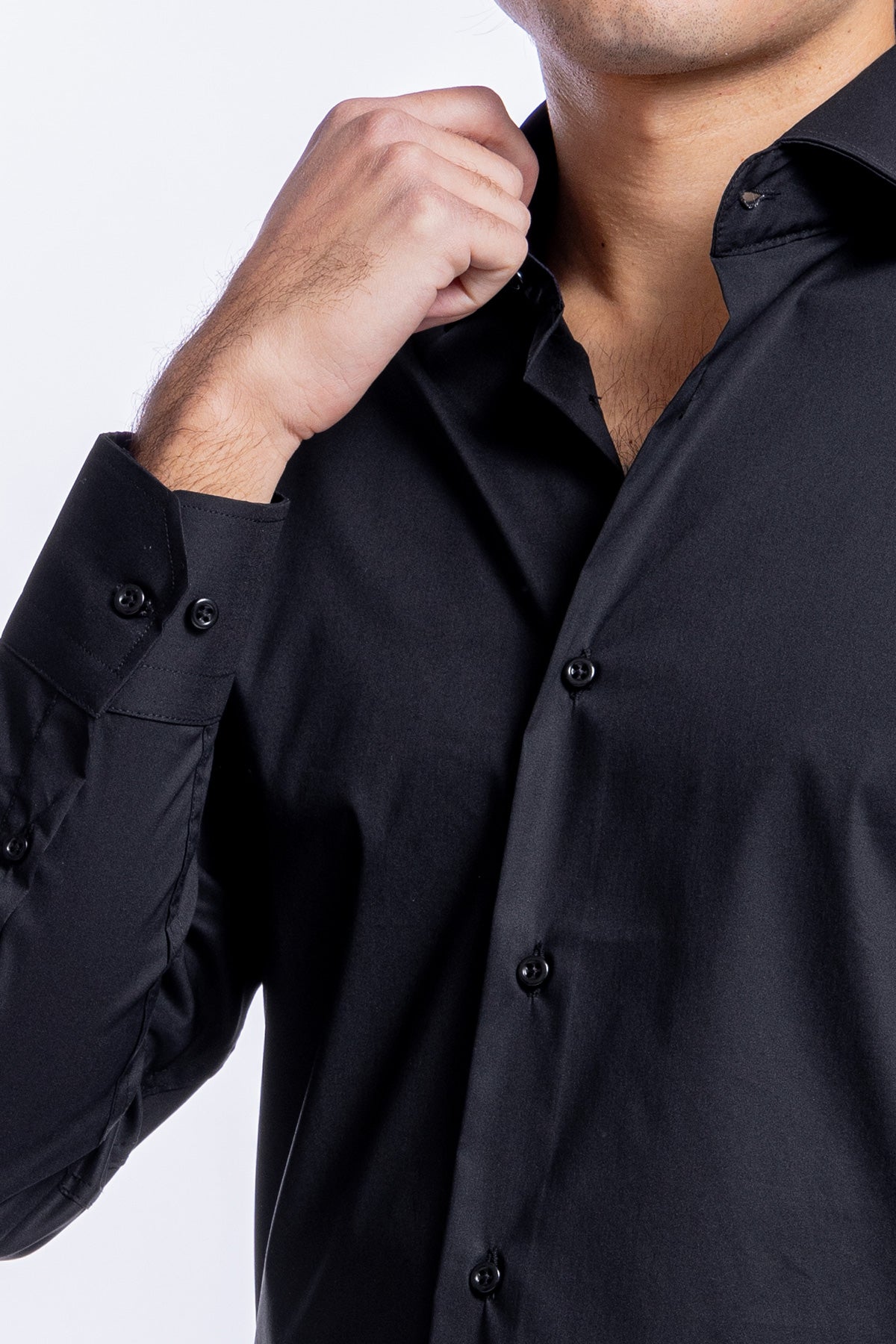 Camicia Uomo nera slim fit in cotone Elastico Collo semi francese tinta unita sartoriale