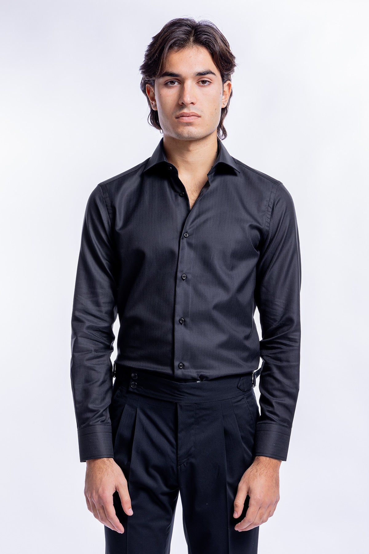 Camicia Uomo nera spigata slim fit in cotone 100% Collo semi francese tinta unita sartoriale