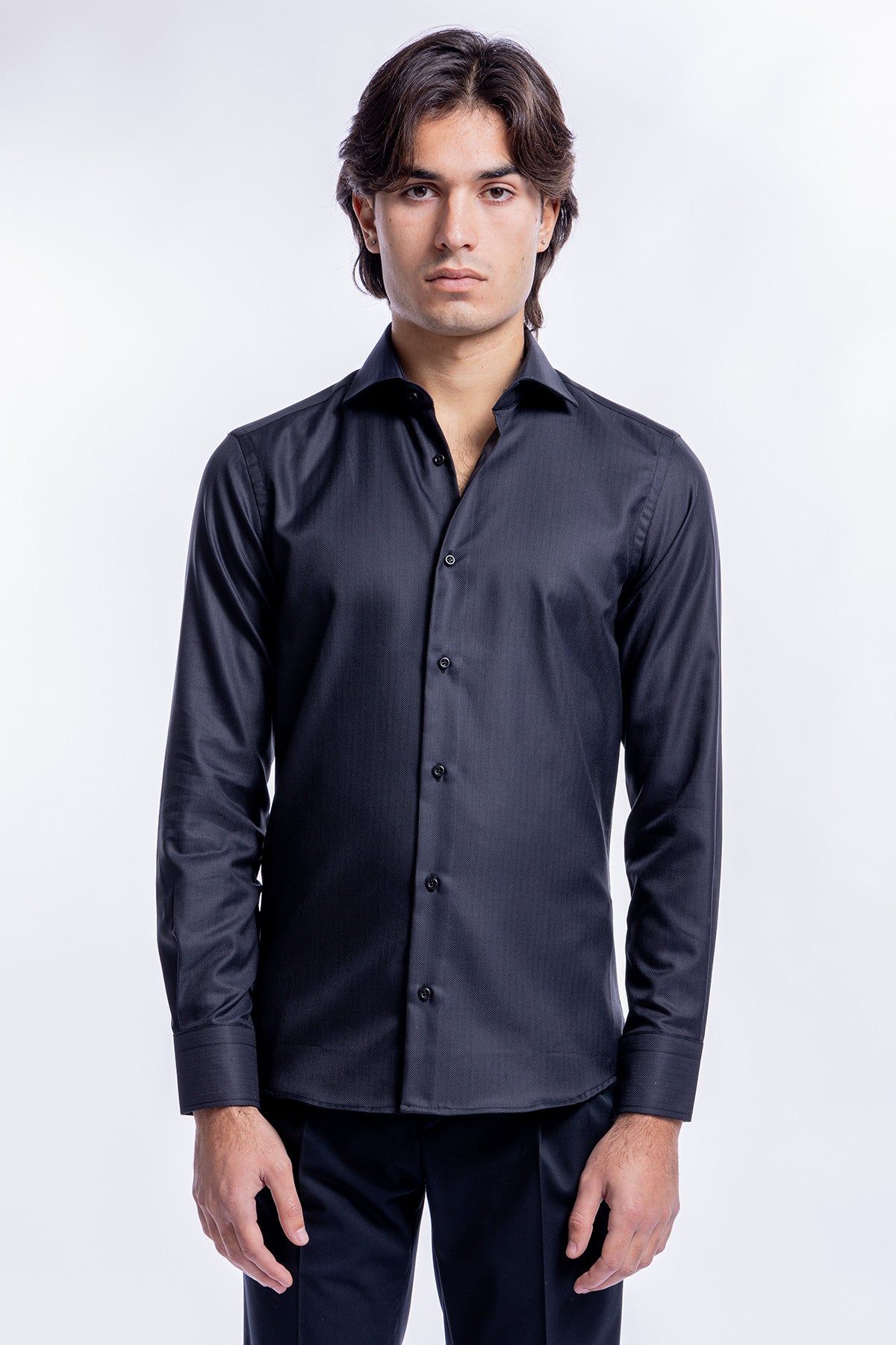 Camicia Uomo nera spigata slim fit in cotone 100% Collo semi francese tinta unita sartoriale