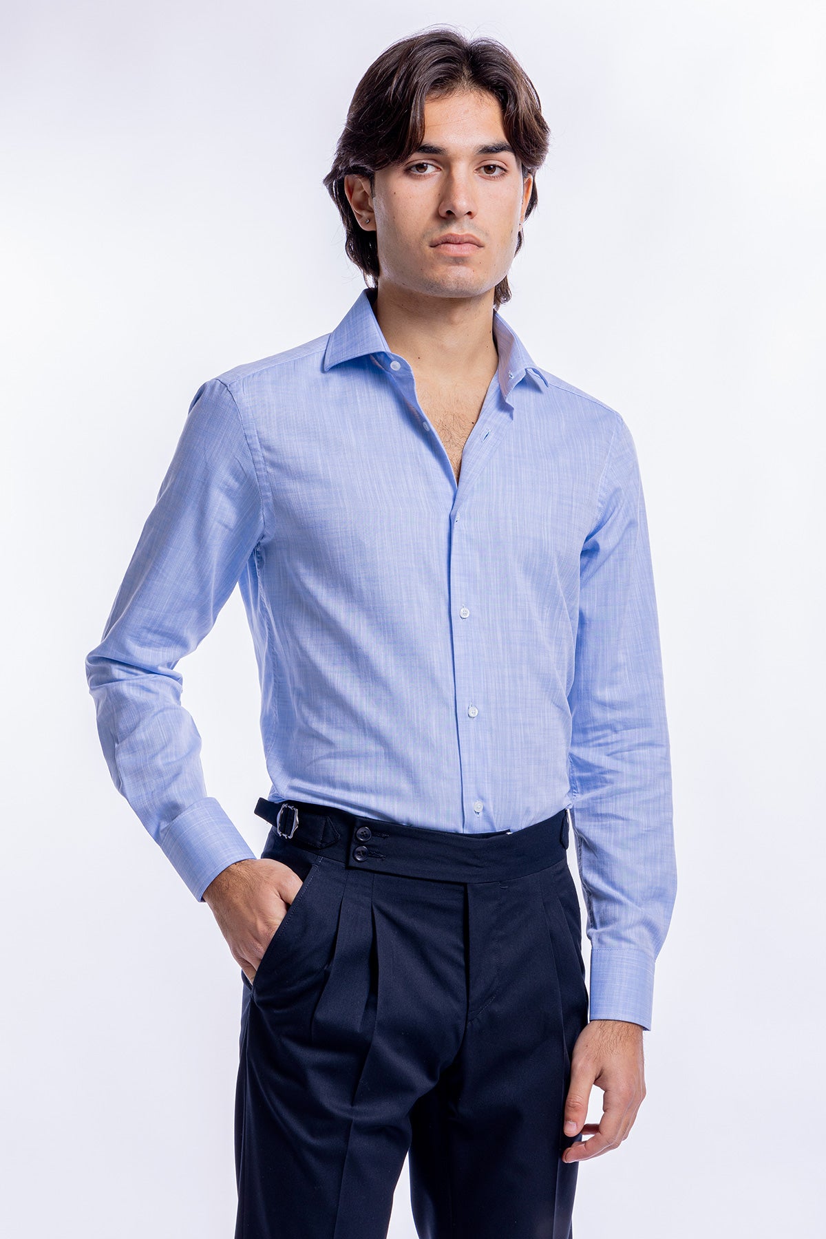 Camicia Uomo celeste melange slim Fit 100% cotone collo semi francese mileta Tessuti