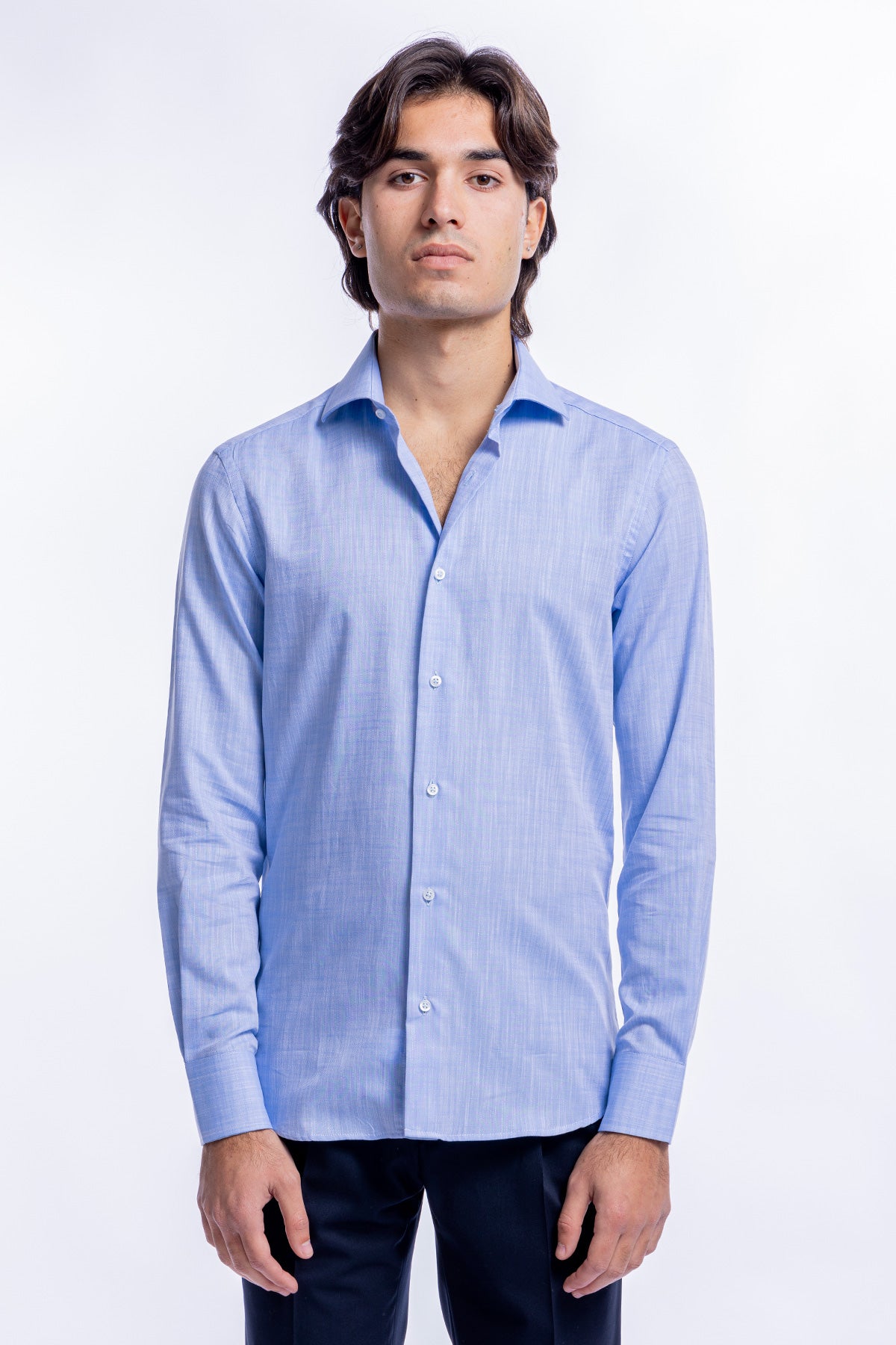 Camicia Uomo celeste melange slim Fit 100% cotone collo semi francese mileta Tessuti
