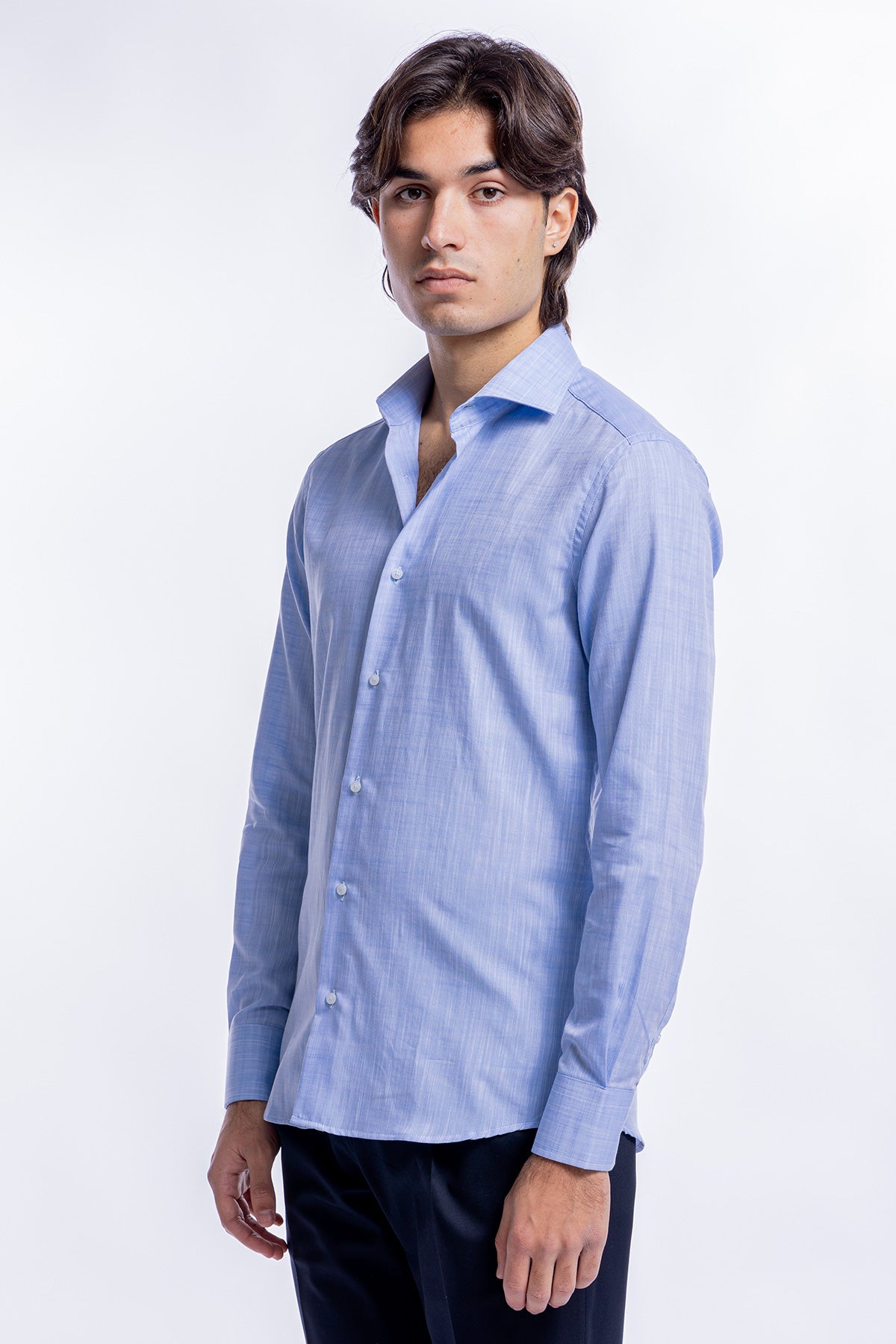 Camicia Uomo celeste melange slim Fit 100% cotone collo semi francese mileta Tessuti