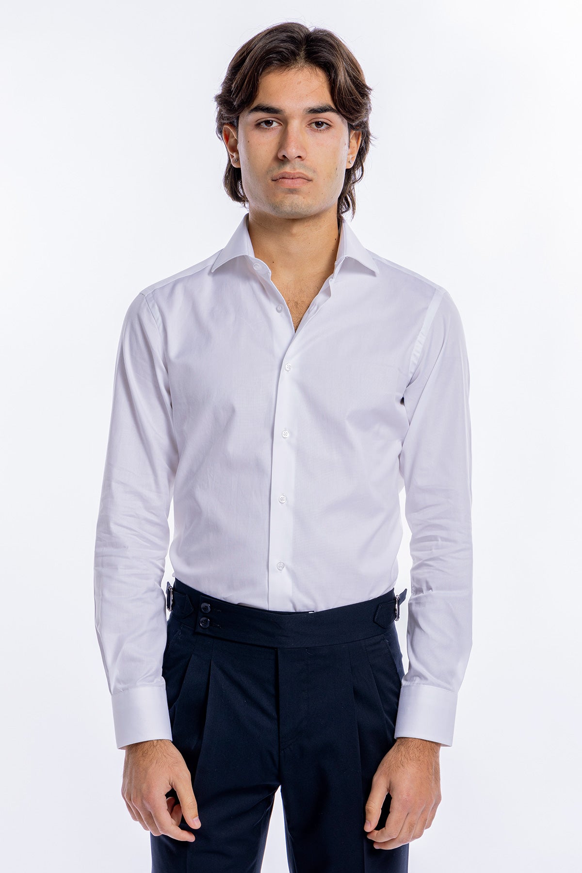 Camicia Uomo bianca nido d'ape slim Fit 100% cotone collo semi francese mileta Tessuti