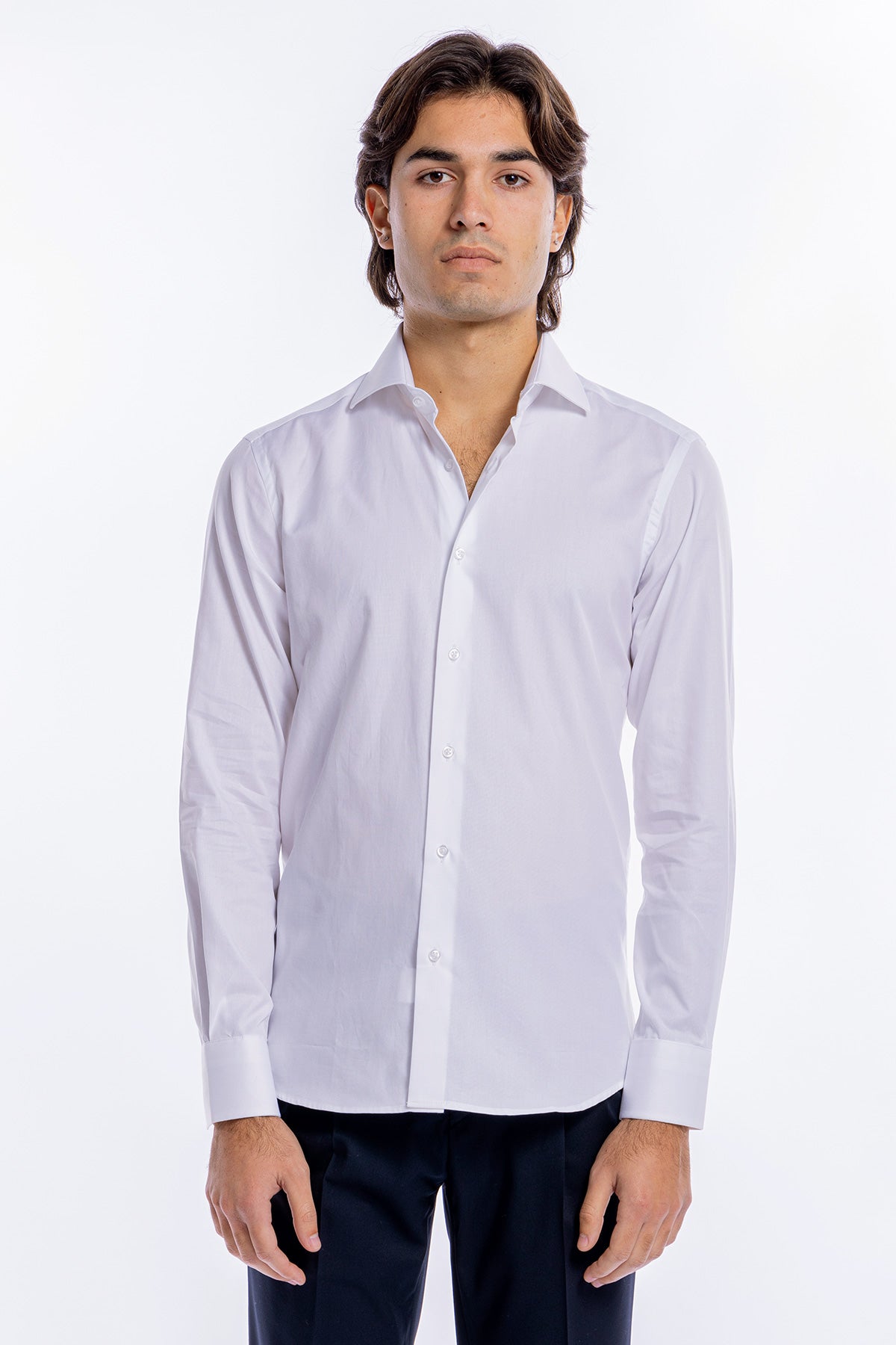 Camicia Uomo bianca nido d'ape slim Fit 100% cotone collo semi francese mileta Tessuti