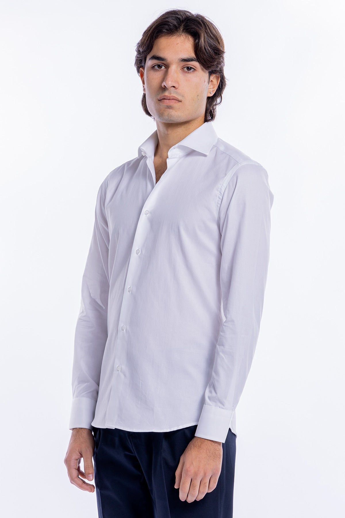 Camicia Uomo bianca nido d'ape slim Fit 100% cotone collo semi francese mileta Tessuti